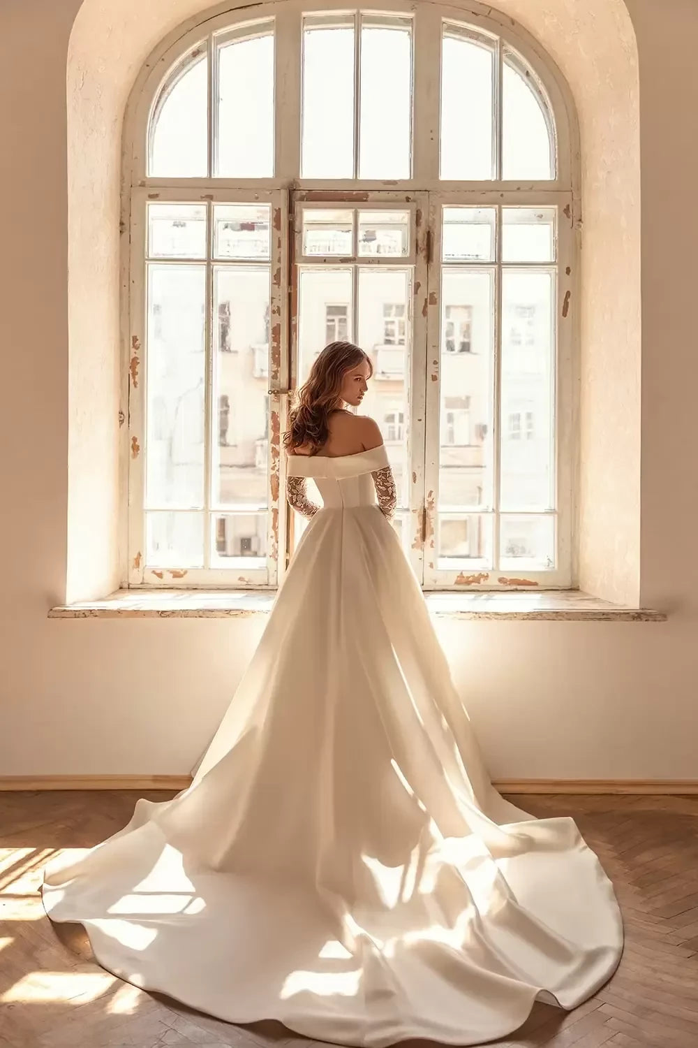 Charming Ball Gown Off Shoulder Lace Long Sleeve Open Back Long Length Wedding Dress