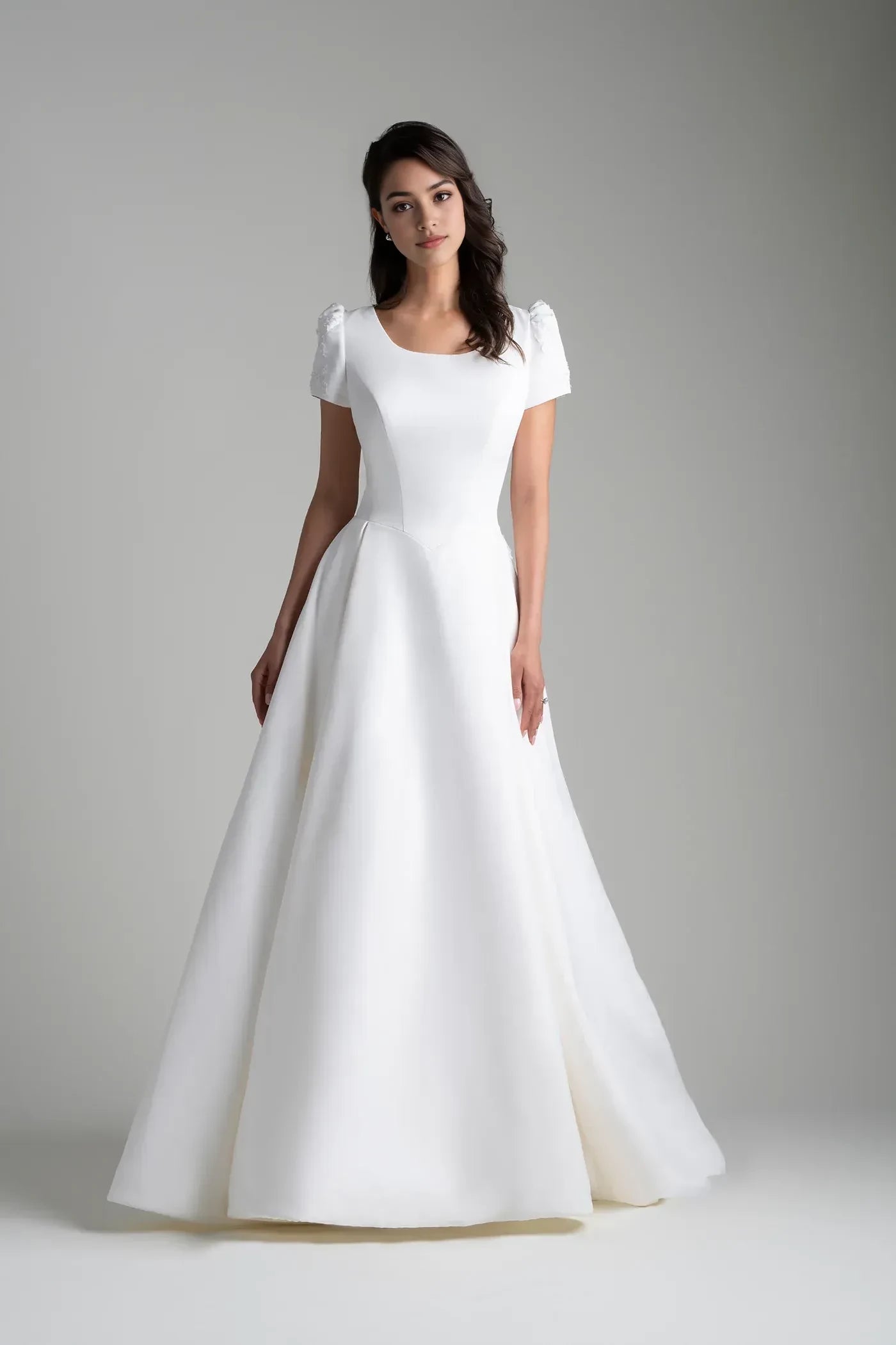 Charming Ball Gown Square Neck Short Sleeve Bow Back Floor Length Wedding Dress