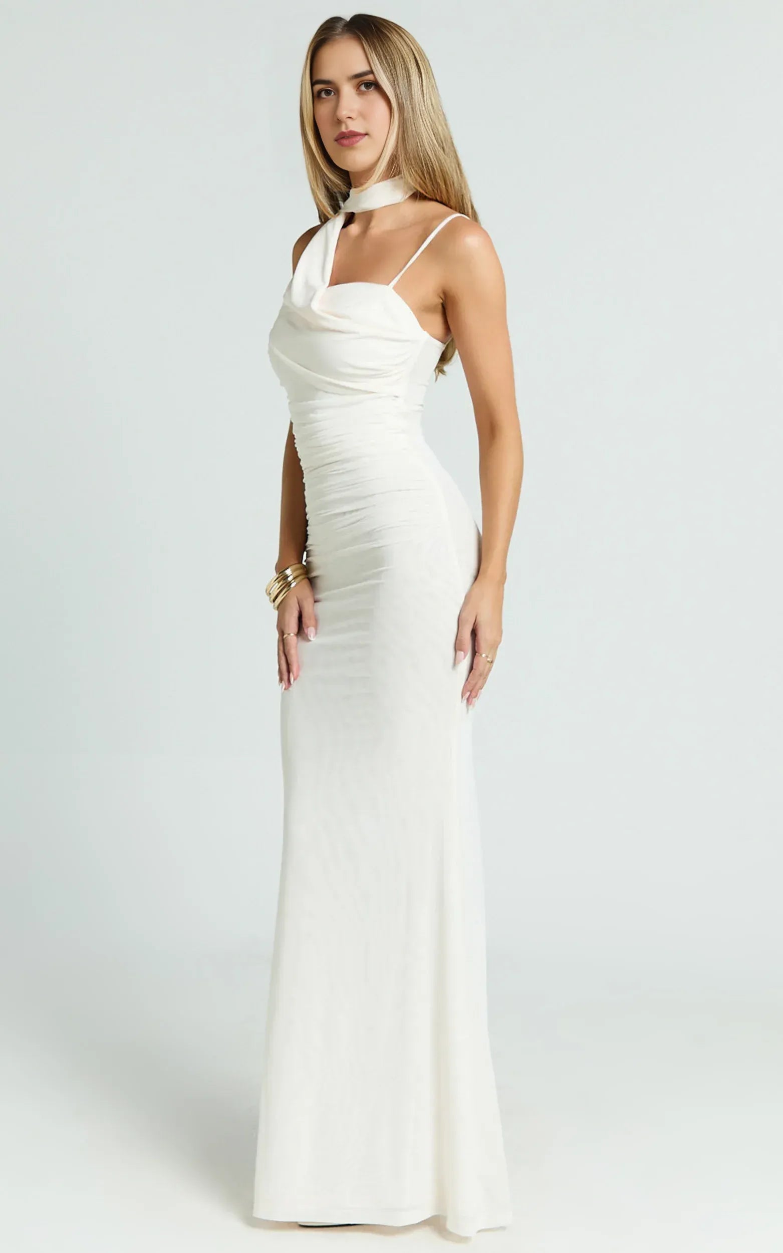 Charming Mermaid Asymmetric Halter Sleeveless Draped Back Floor Length Plus Size Evening Dress