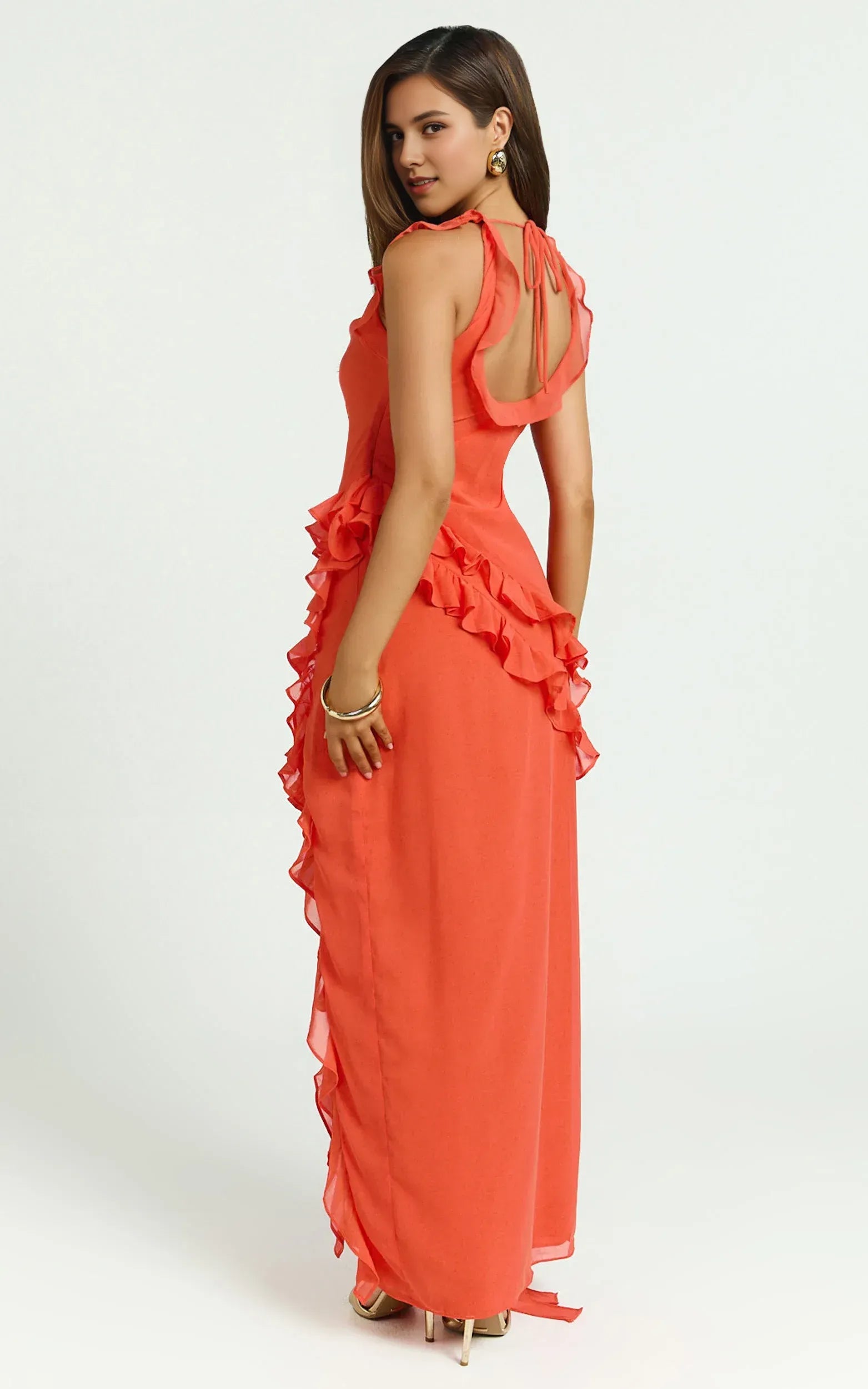 Charming Mermaid Cowl Neck Sleeveless Ruffled Back Floor Length Plus Size Evening Dress