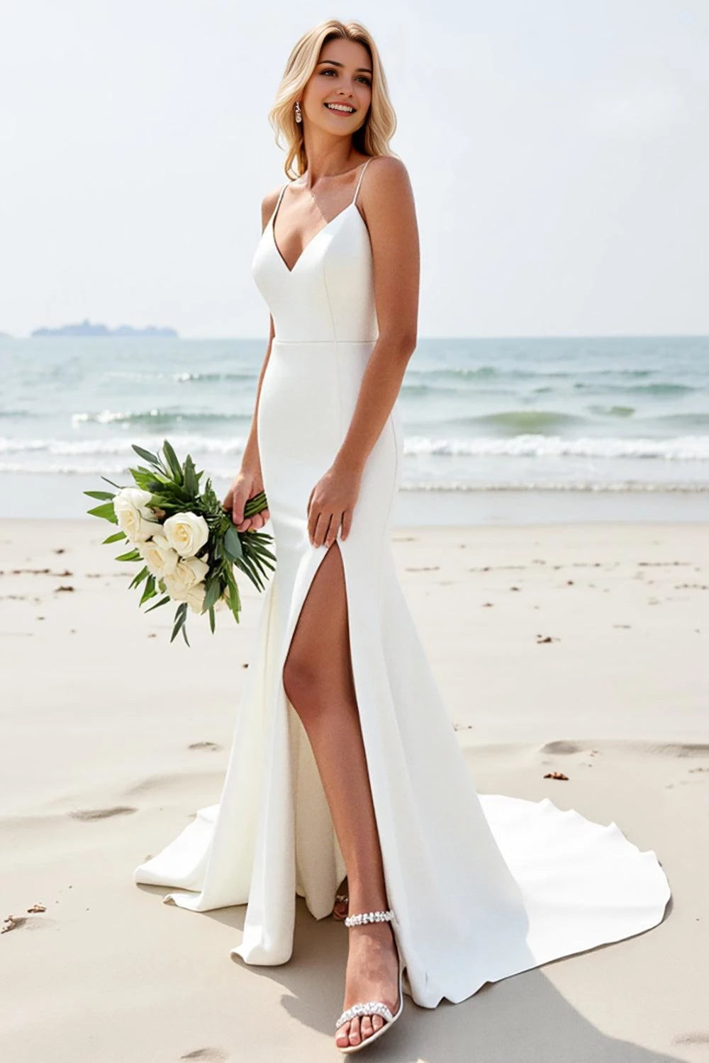Charming Mermaid Deep V Neck Spaghetti Strap Lace Back Floor Length Wedding Dress ﻿