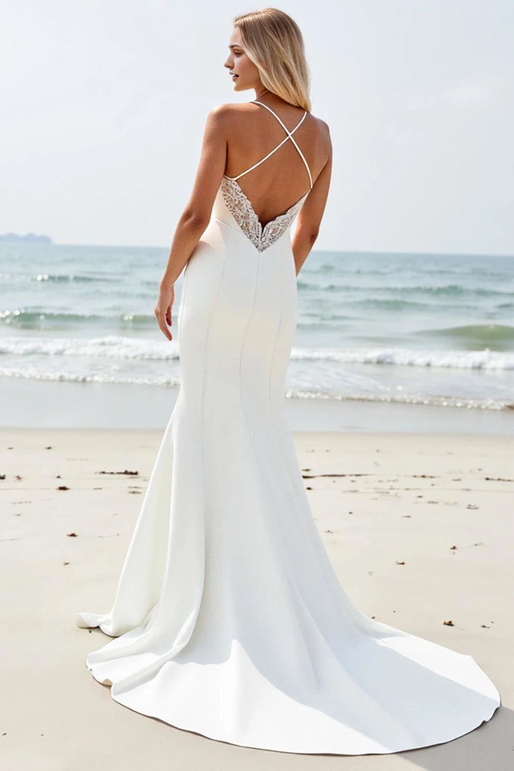 Charming Mermaid Deep V Neck Spaghetti Strap Lace Back Floor Length Wedding Dress ﻿