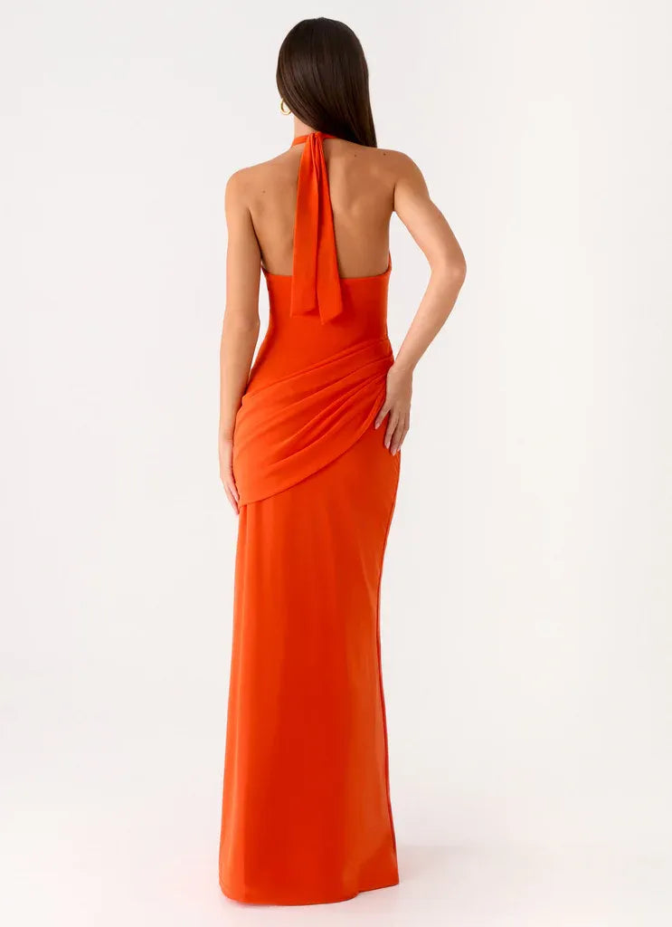 Charming Mermaid Halter Neck Sleeveless Draped Front Floor Length Plus Size Evening Dress