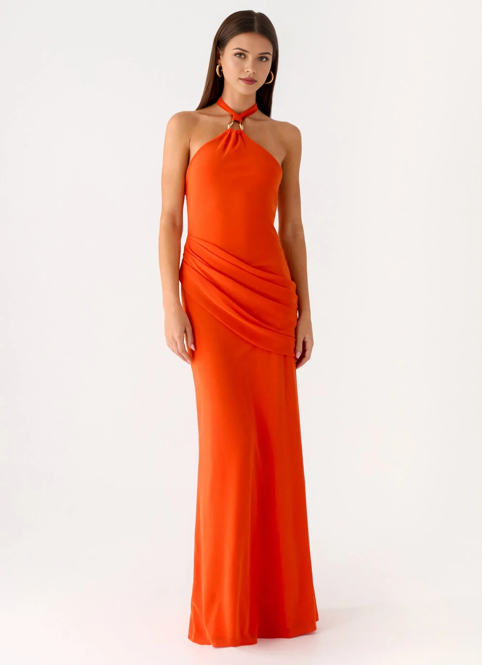 Charming Mermaid Halter Neck Sleeveless Draped Front Floor Length Plus Size Evening Dress