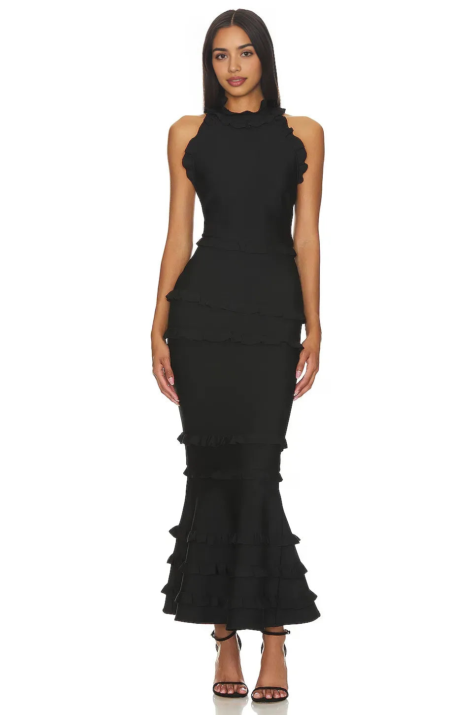 Charming Mermaid Halter Neck Sleeveless Open Back Tiered Floor Length Evening Dress