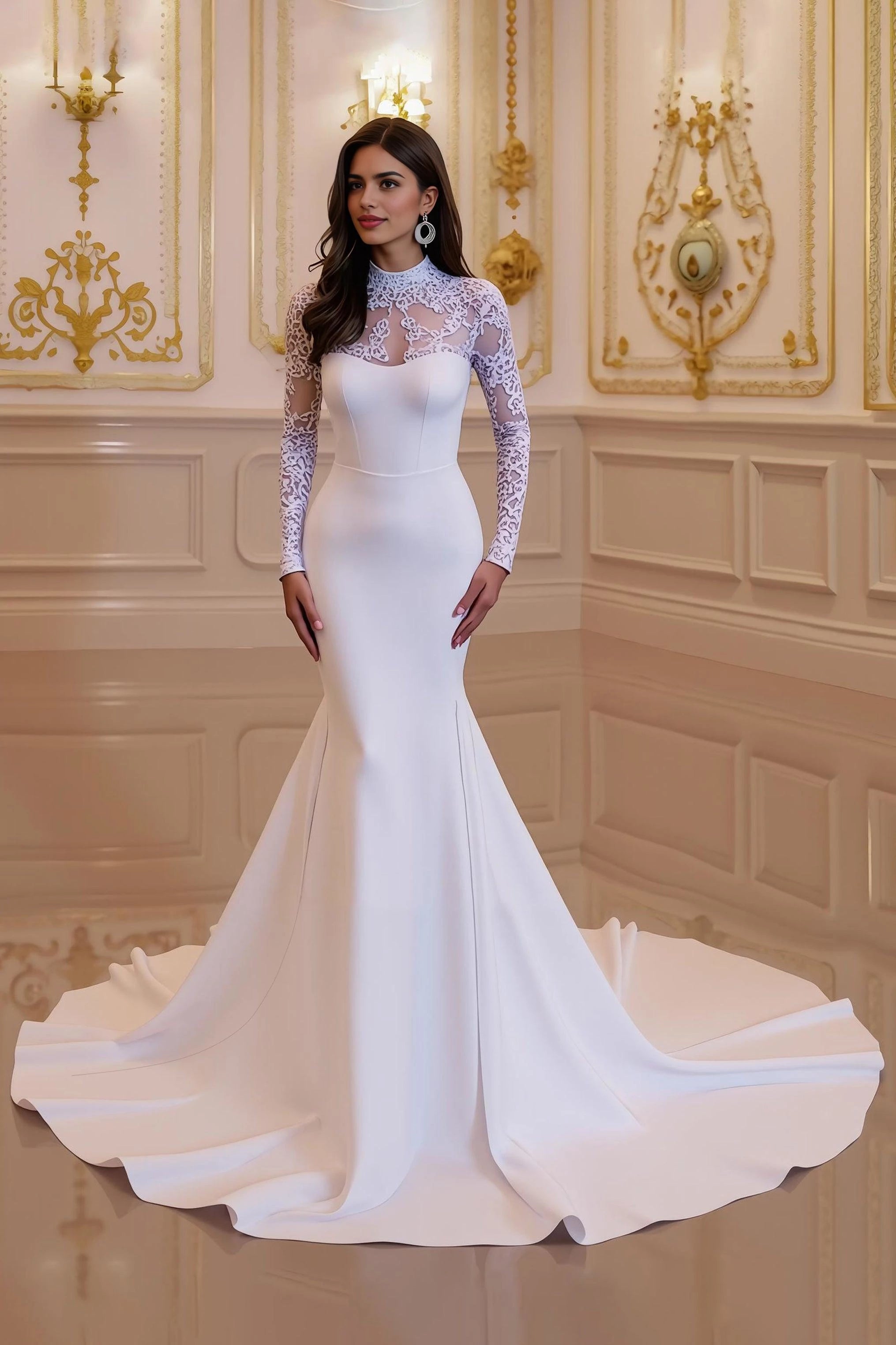 Charming Mermaid High Neck Lace Long Sleeve Open Back Floor Length Wedding Dress