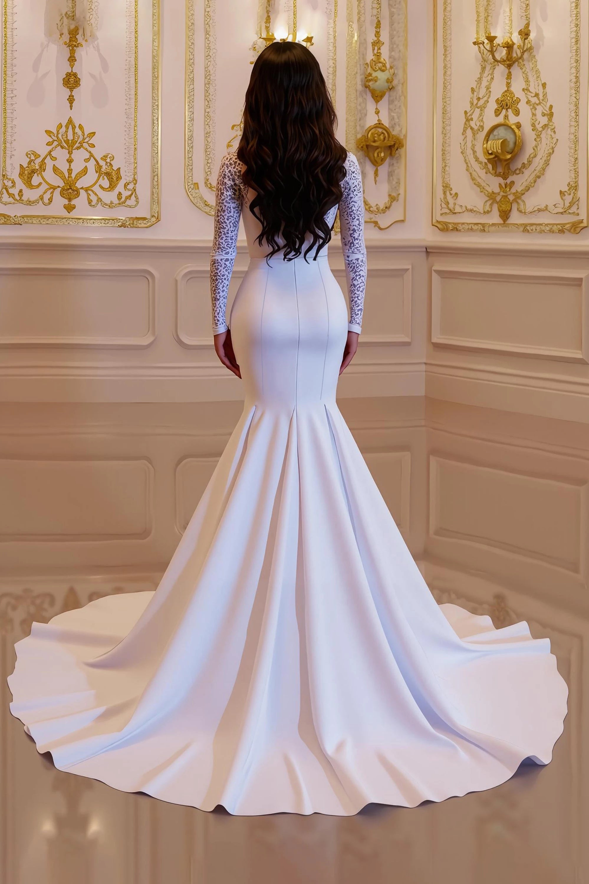 Charming Mermaid High Neck Lace Long Sleeve Open Back Floor Length Wedding Dress