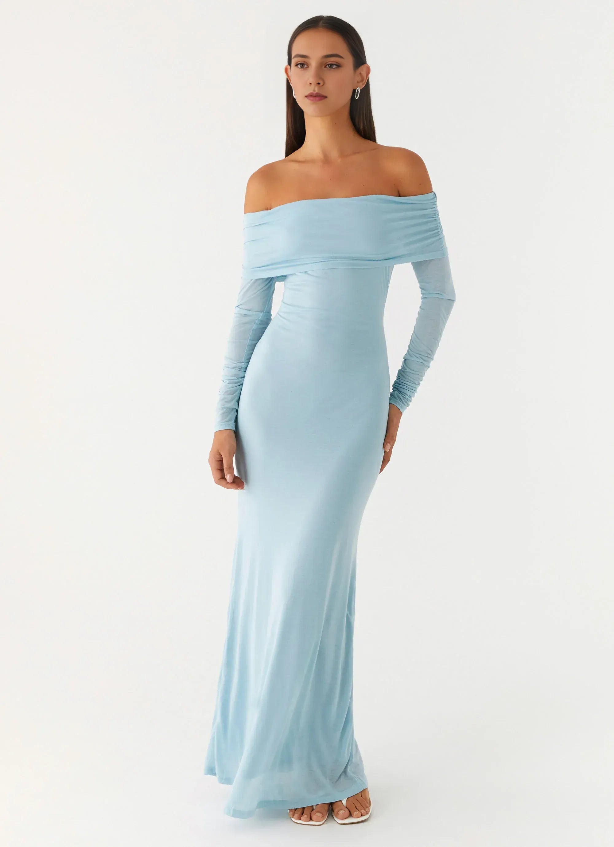 Charming Mermaid Off Shoulder Long Sleeve Ruched Back Floor Length Plus Size Evening Dress