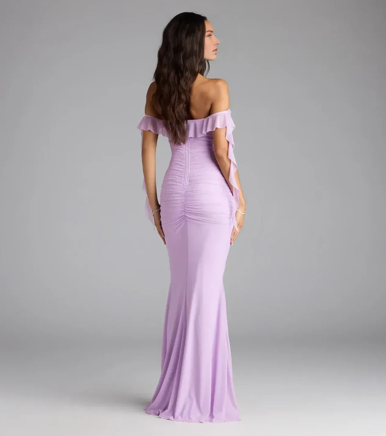 Charming Mermaid Off Shoulder Ruffle Short Sleeve Zipper Back Floor Length Prom Dress