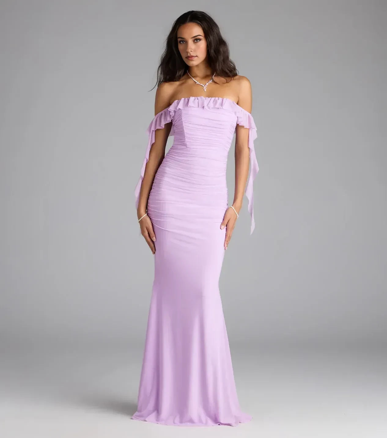 Charming Mermaid Off Shoulder Ruffle Short Sleeve Zipper Back Floor Length Prom Dress