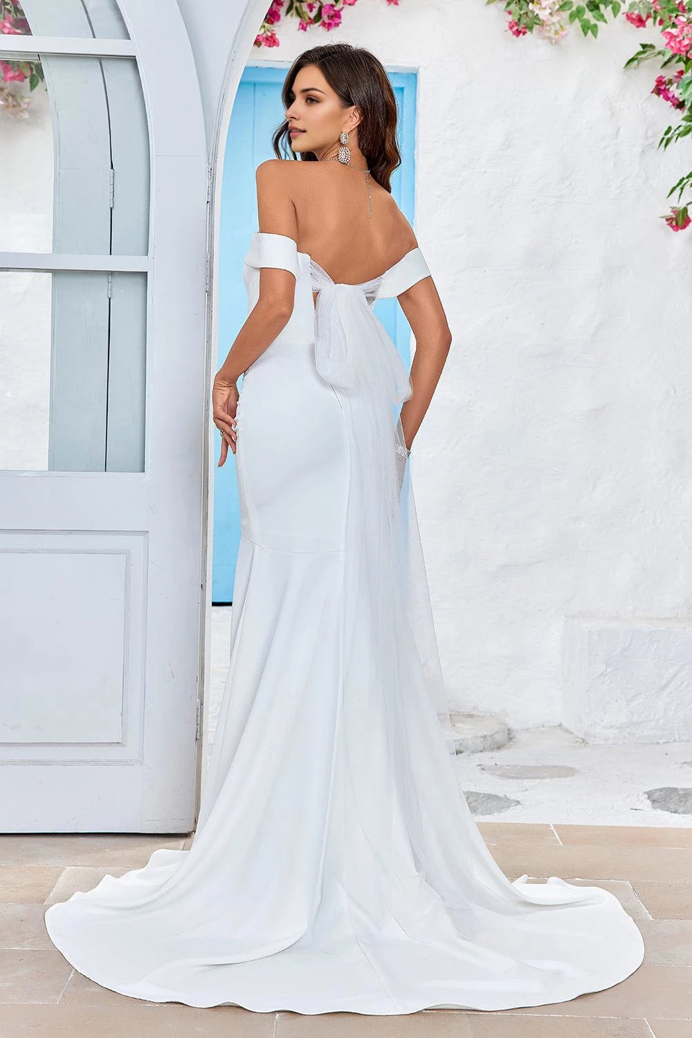 Charming Mermaid Off Shoulder Short Sleeve Bow Back Maxi Wedding Dress