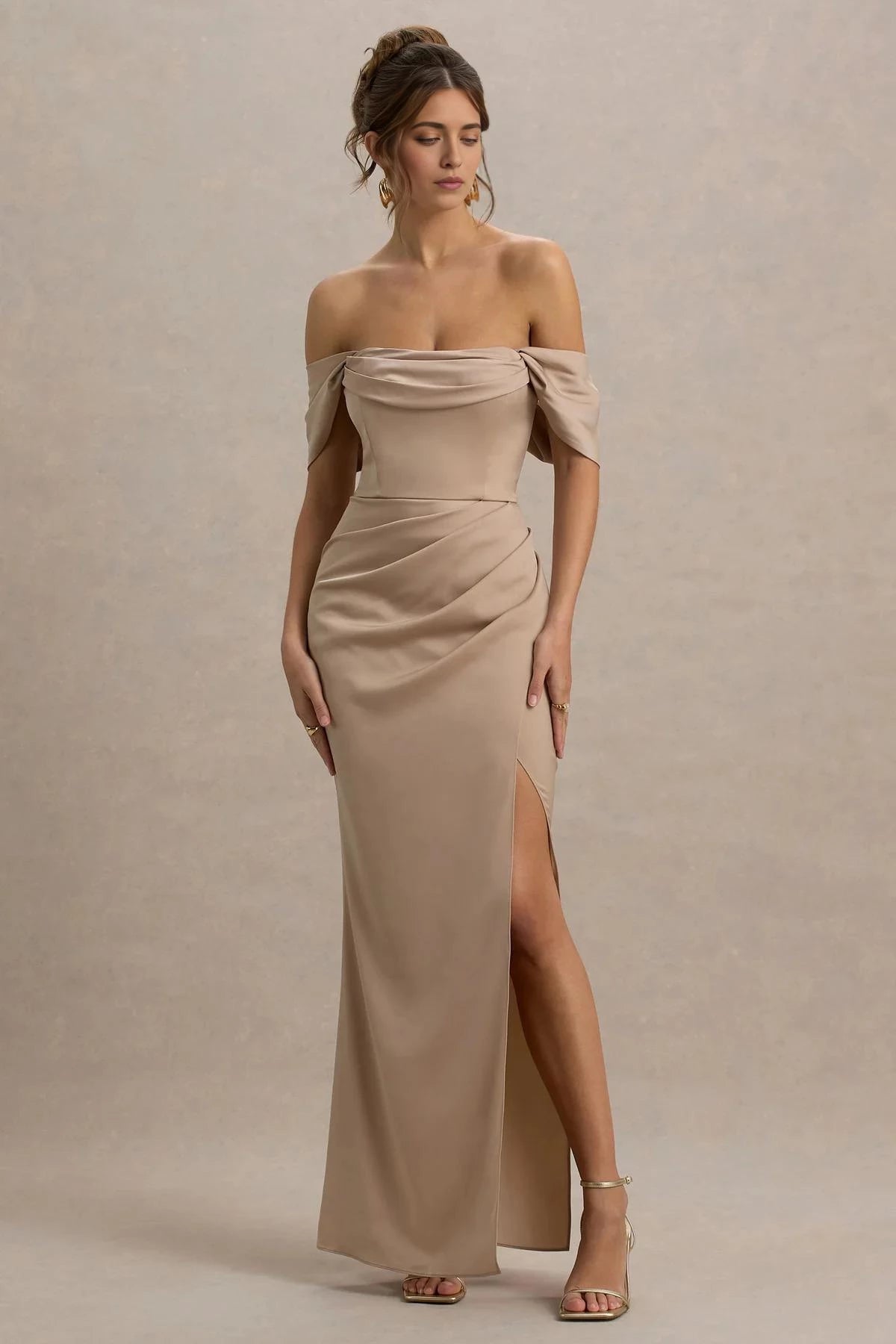 Charming Mermaid Off Shoulder Short Sleeve Ruched Side High Slit Floor Length Evening Dress