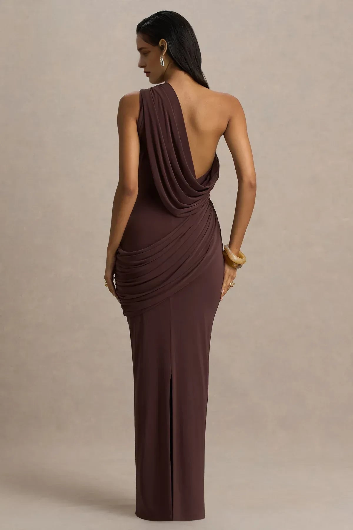 Charming Mermaid One Shoulder Draped Sleeve Open Back Floor Length Evening Dress