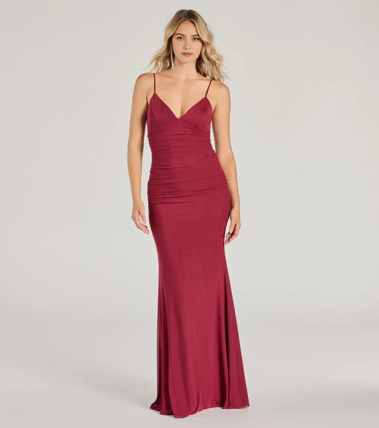 Charming Mermaid V Neck Spaghetti Strap Ruched Back Floor Length Prom Dress