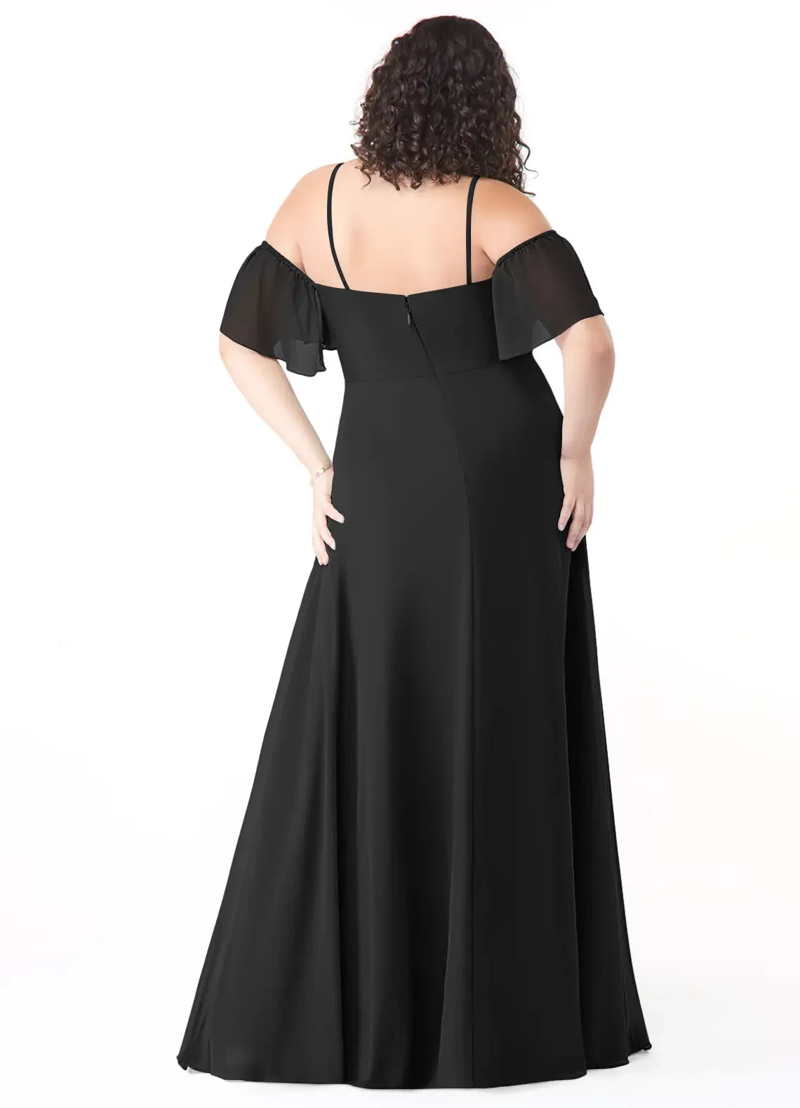 Charming Plus Size A Line Off Shoulder Flutter Sleeve Zipper Back Floor Length Bridesmaid Dress