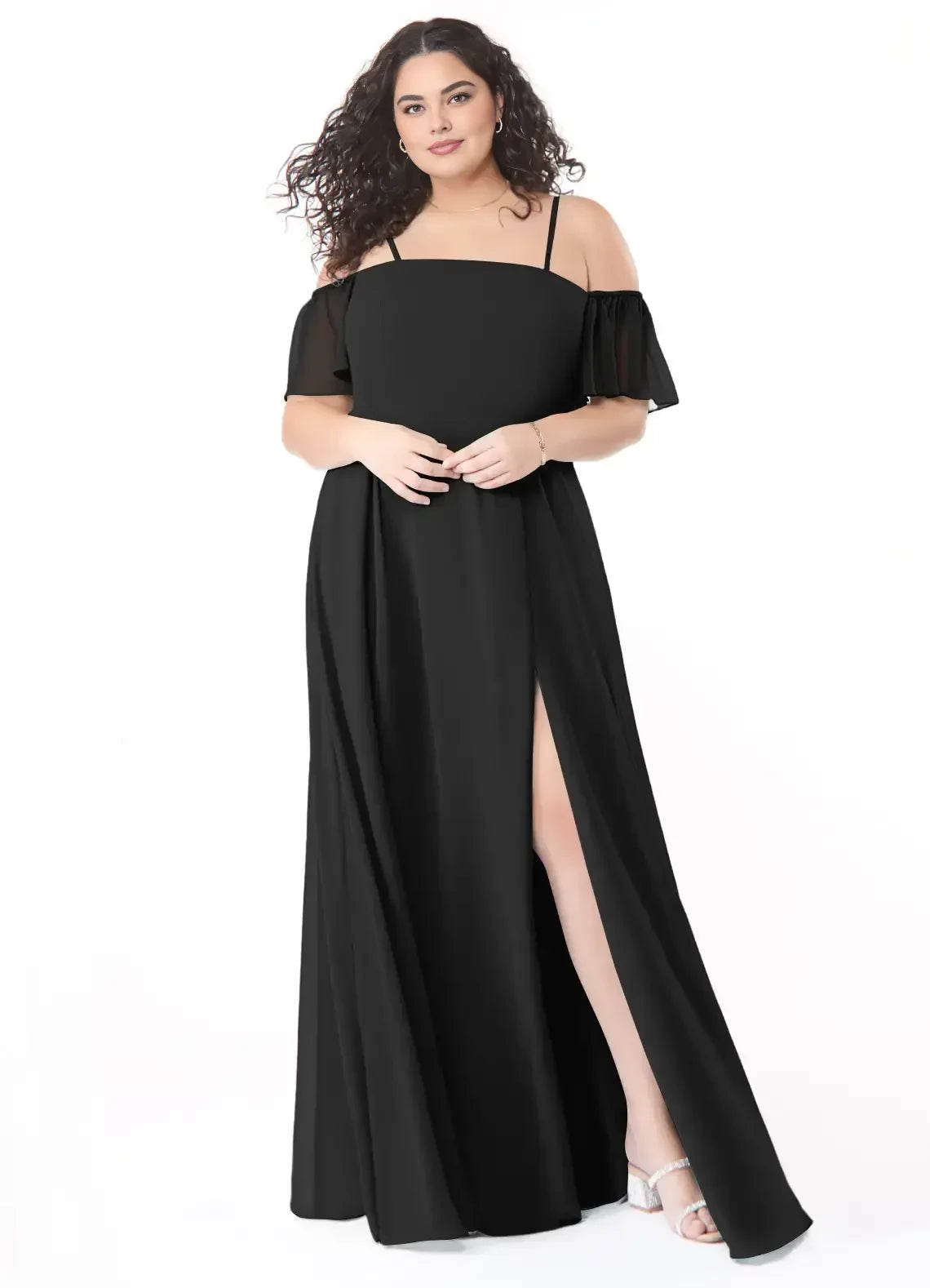 Charming Plus Size A Line Off Shoulder Flutter Sleeve Zipper Back Floor Length Bridesmaid Dress