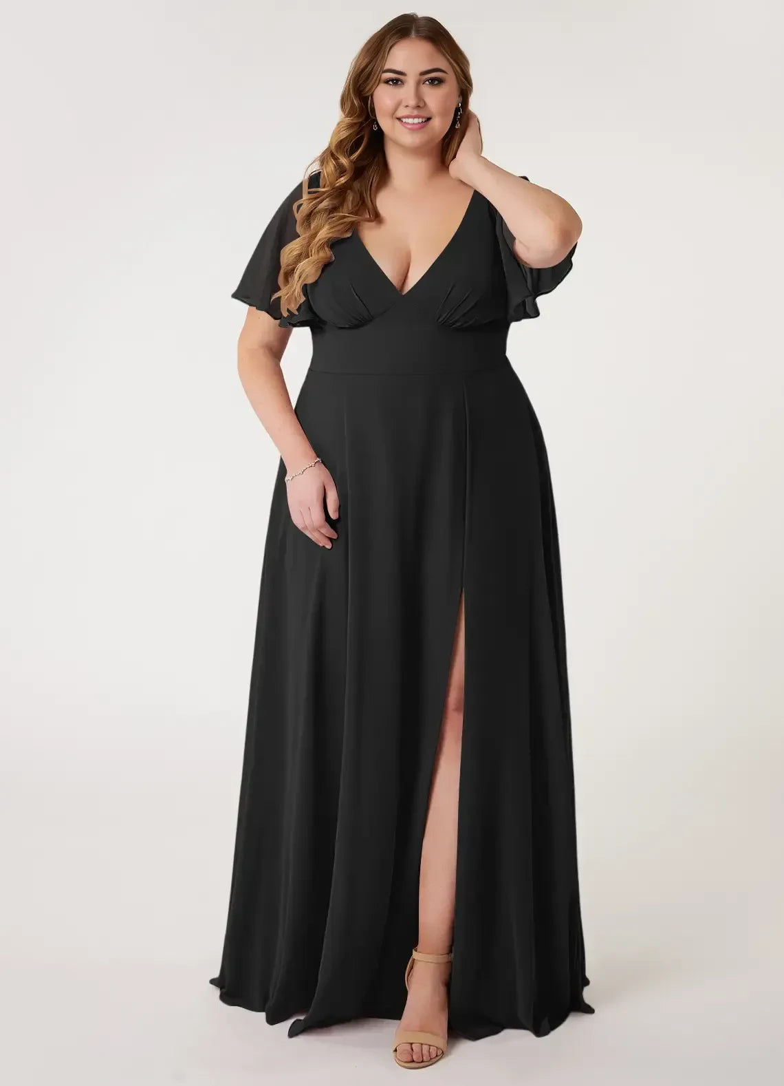 Charming Plus Size A Line Plunging V Neck Flutter Sleeve Tie Back Floor Length Bridesmaid Dress