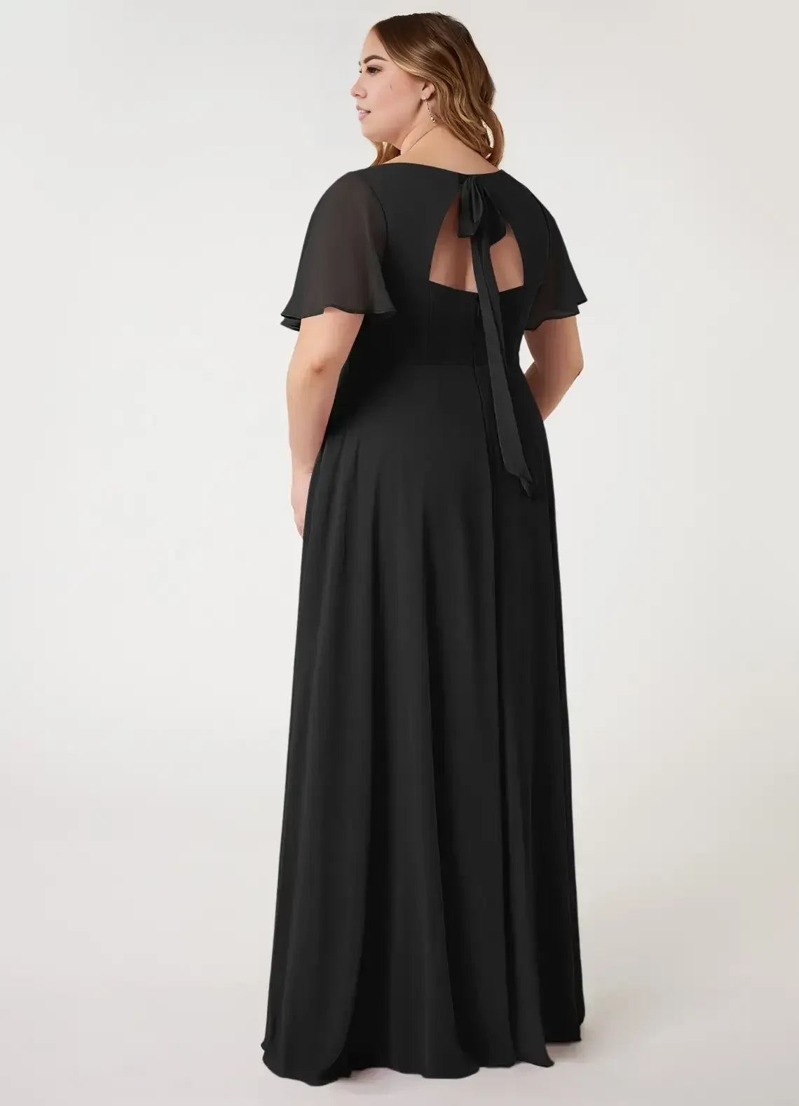 Charming Plus Size A Line Plunging V Neck Flutter Sleeve Tie Back Floor Length Bridesmaid Dress
