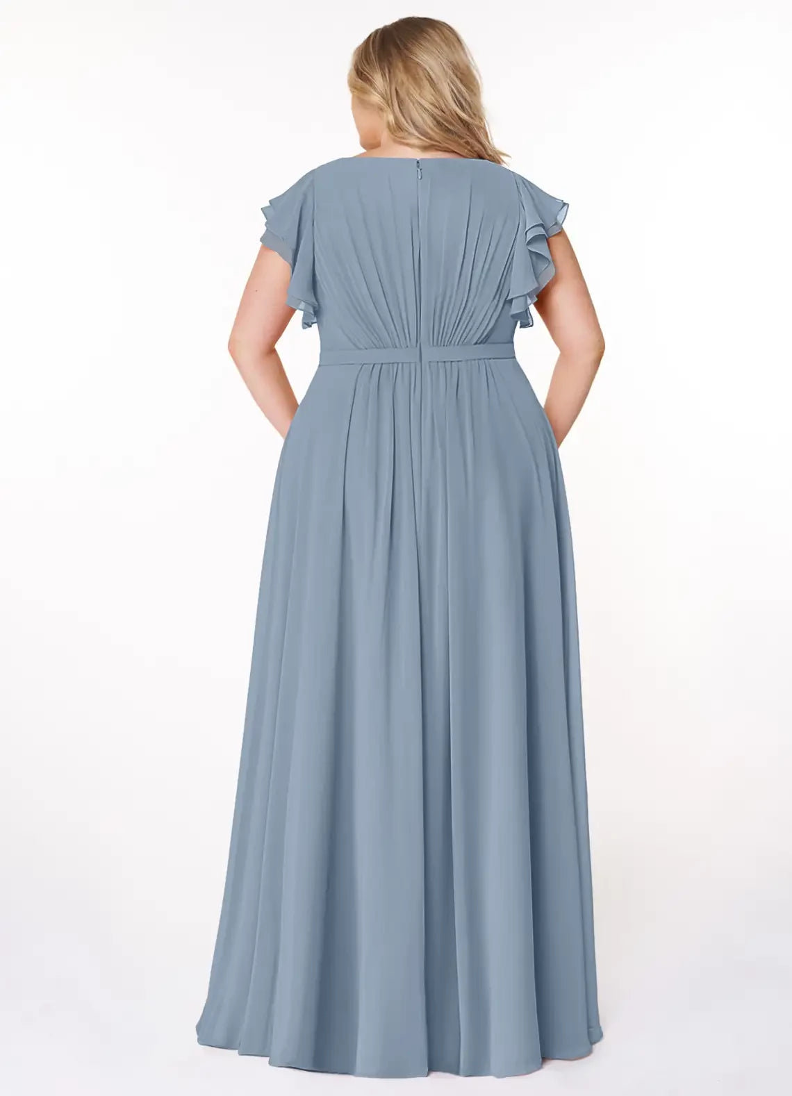 Charming Plus Size A Line Round Neck Ruffle Sleeve Zipper Back Floor Length Bridesmaid Dress