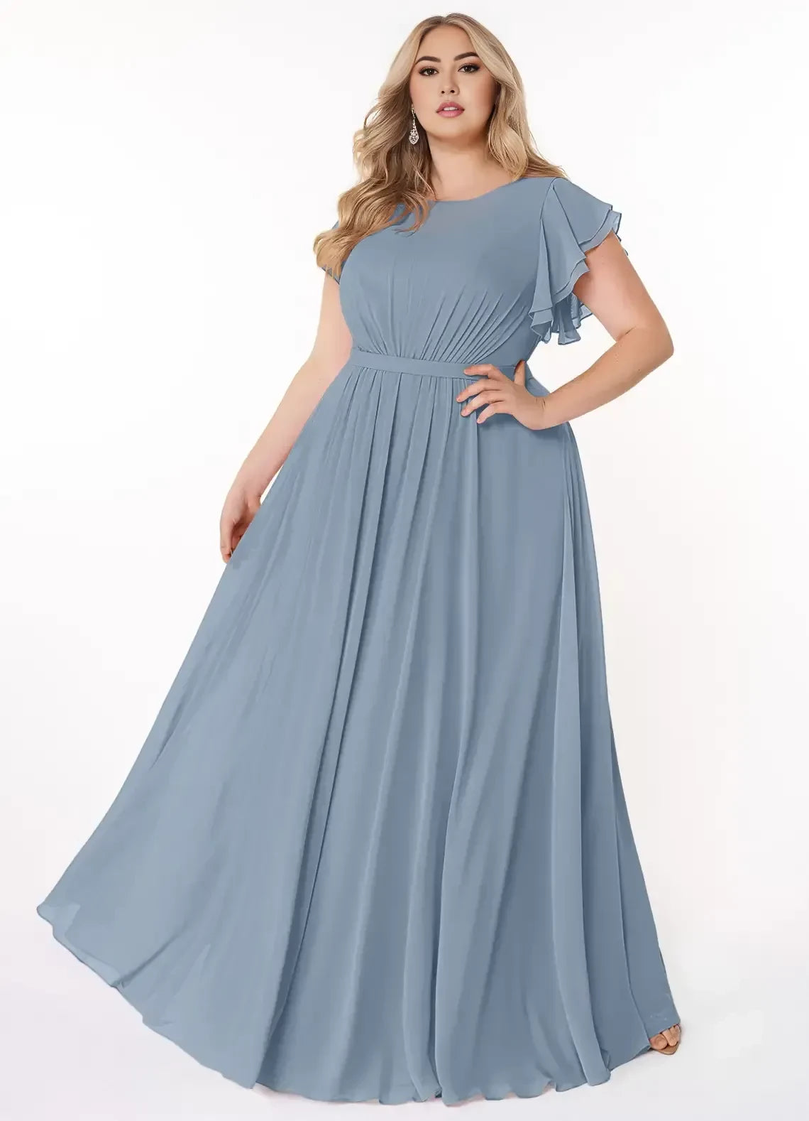 Charming Plus Size A Line Round Neck Ruffle Sleeve Zipper Back Floor Length Bridesmaid Dress