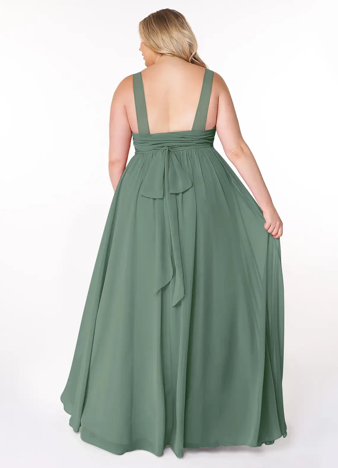Charming Plus Size A Line V Neck Sleeveless Bow Back Floor Length Bridesmaid Dress