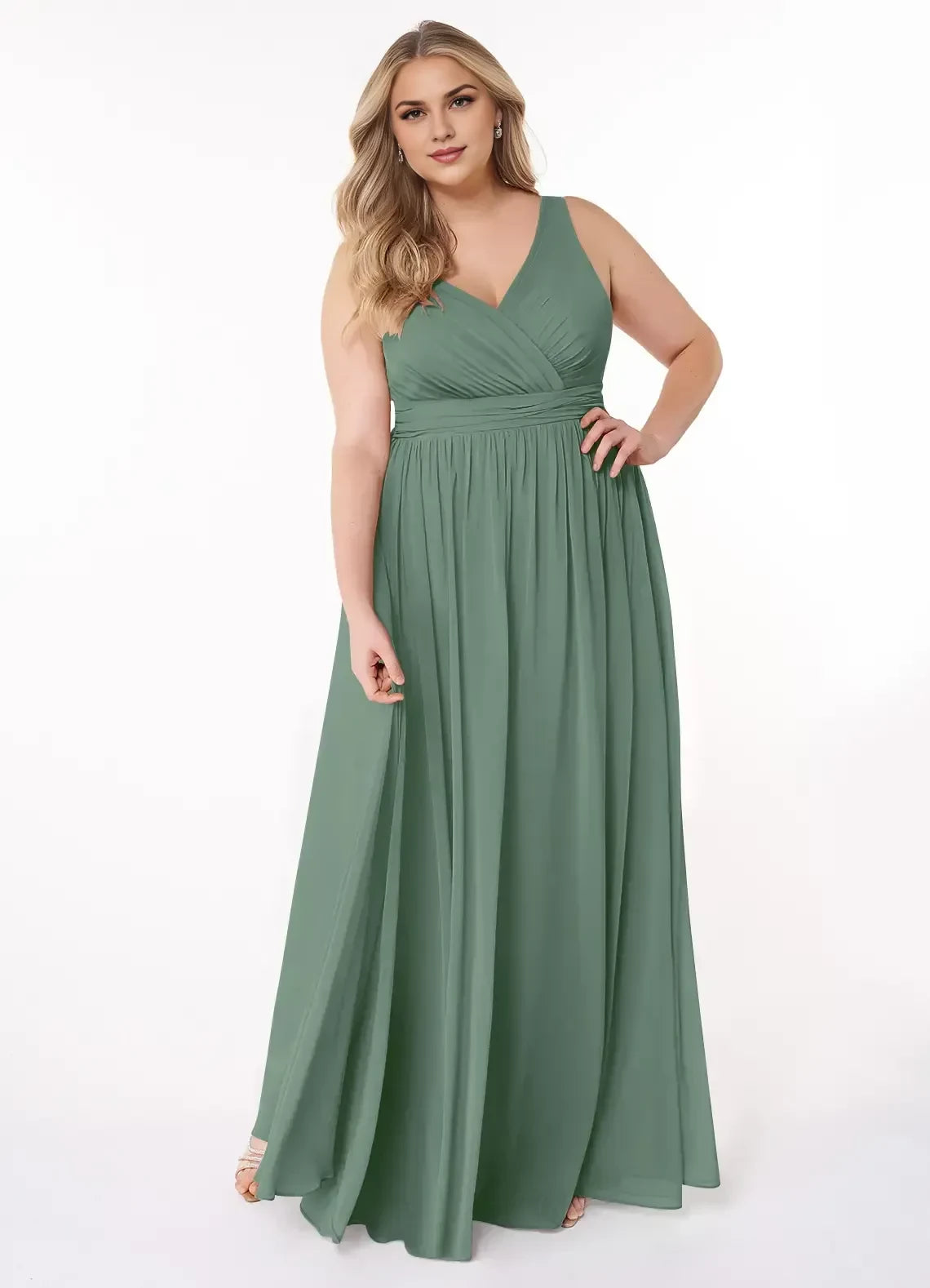 Charming Plus Size A Line V Neck Sleeveless Bow Back Floor Length Bridesmaid Dress
