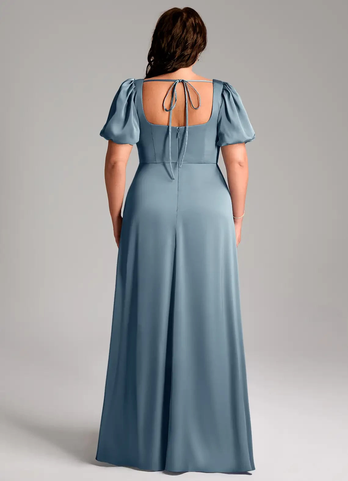 Charming Plus Size Sheath Square Neck Puff Short Sleeve Tie Back Floor Length Bridesmaid Dress