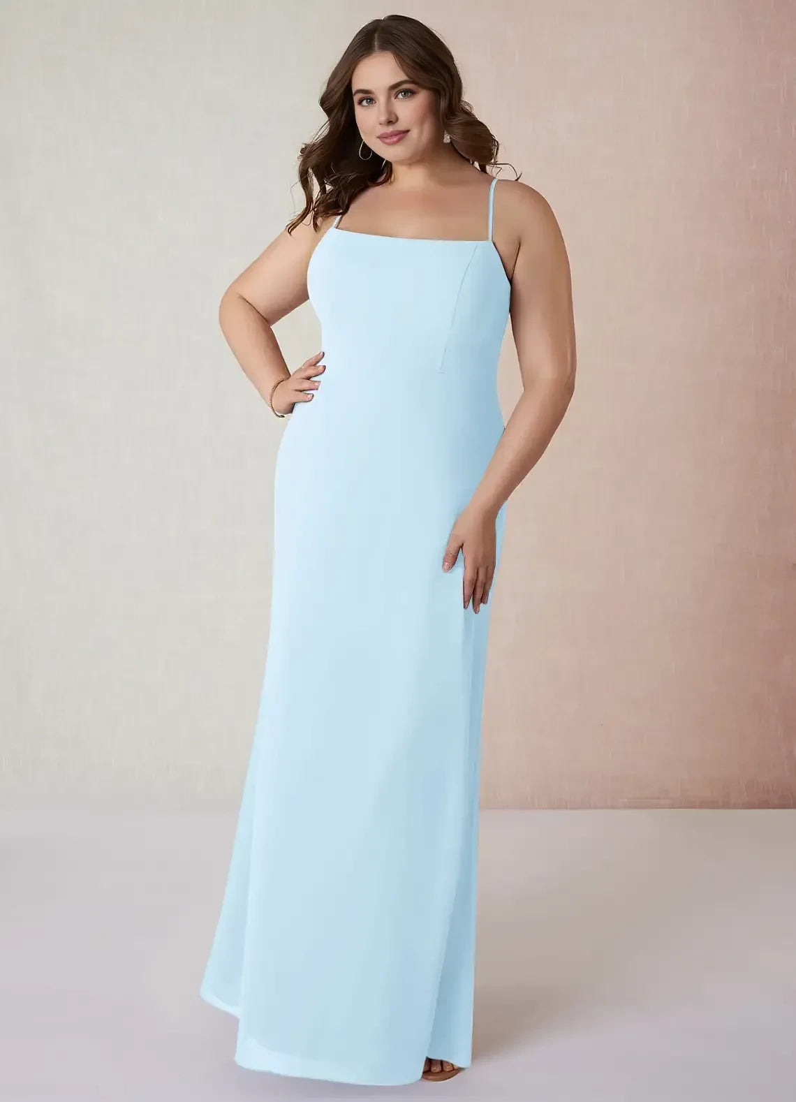 Charming Plus Size Sheath Square Neck Spaghetti Strap Open Back Floor Length Bridesmaid Dress