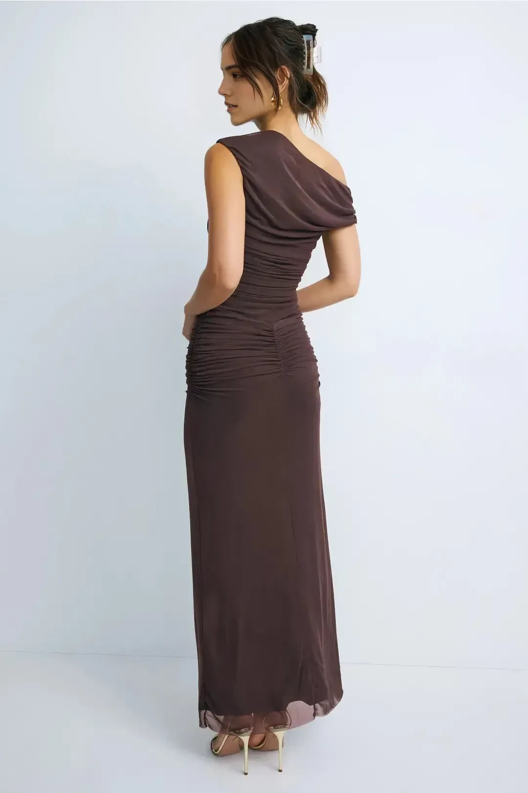 Charming Sheath Asymmetric Neck Sleeveless Ruched Bodice Floor Length Plus Size Prom Dress