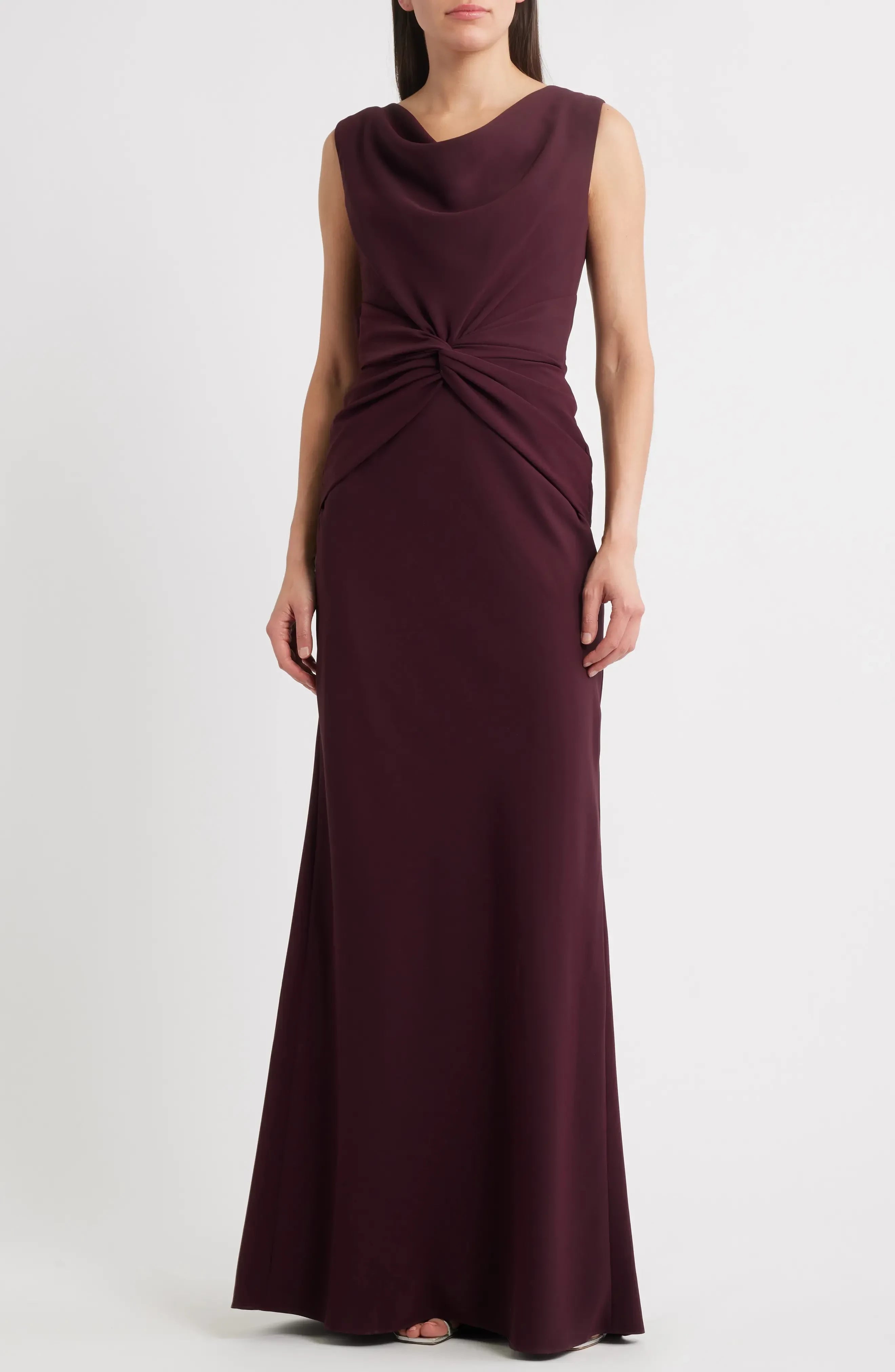 Charming Sheath Cowl Neck Sleeveless Ruched Back Floor Length Bridesmaid Dress