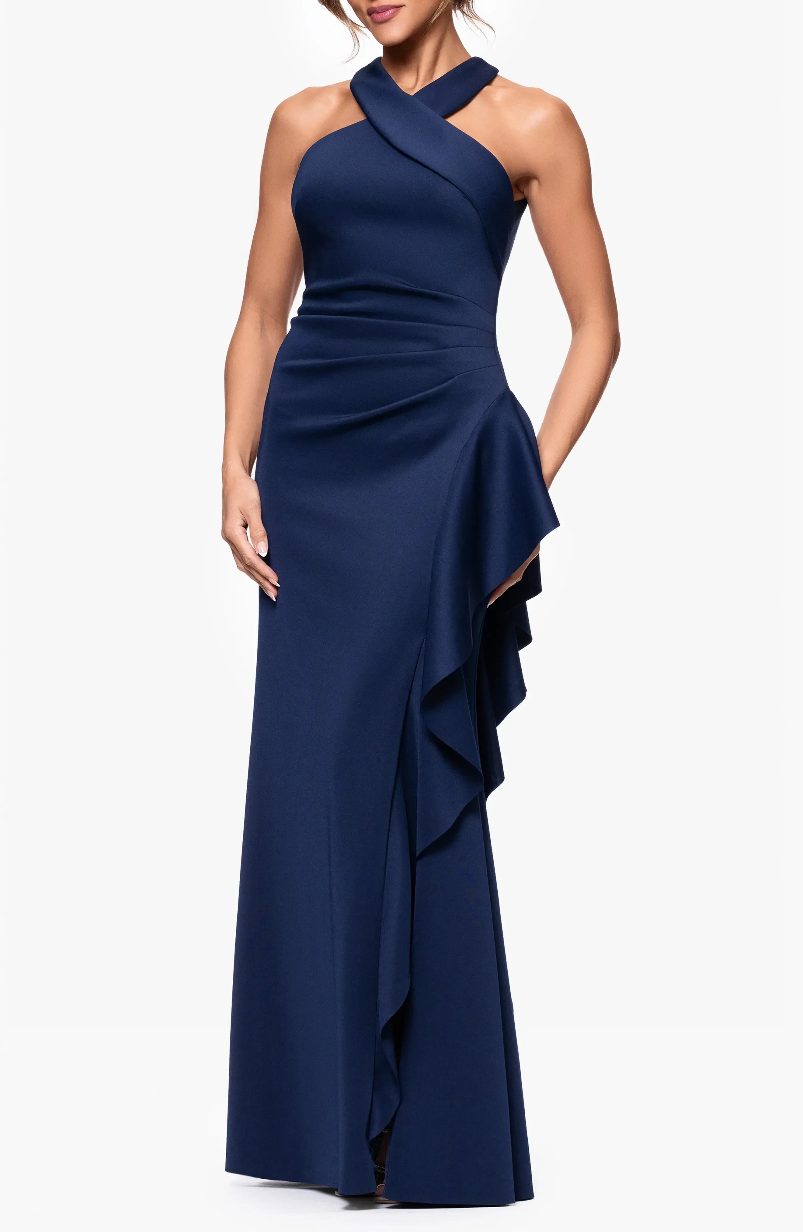 Charming Sheath Cross Halter Neck Sleeveless Keyhole Back Floor Length Evening Dress