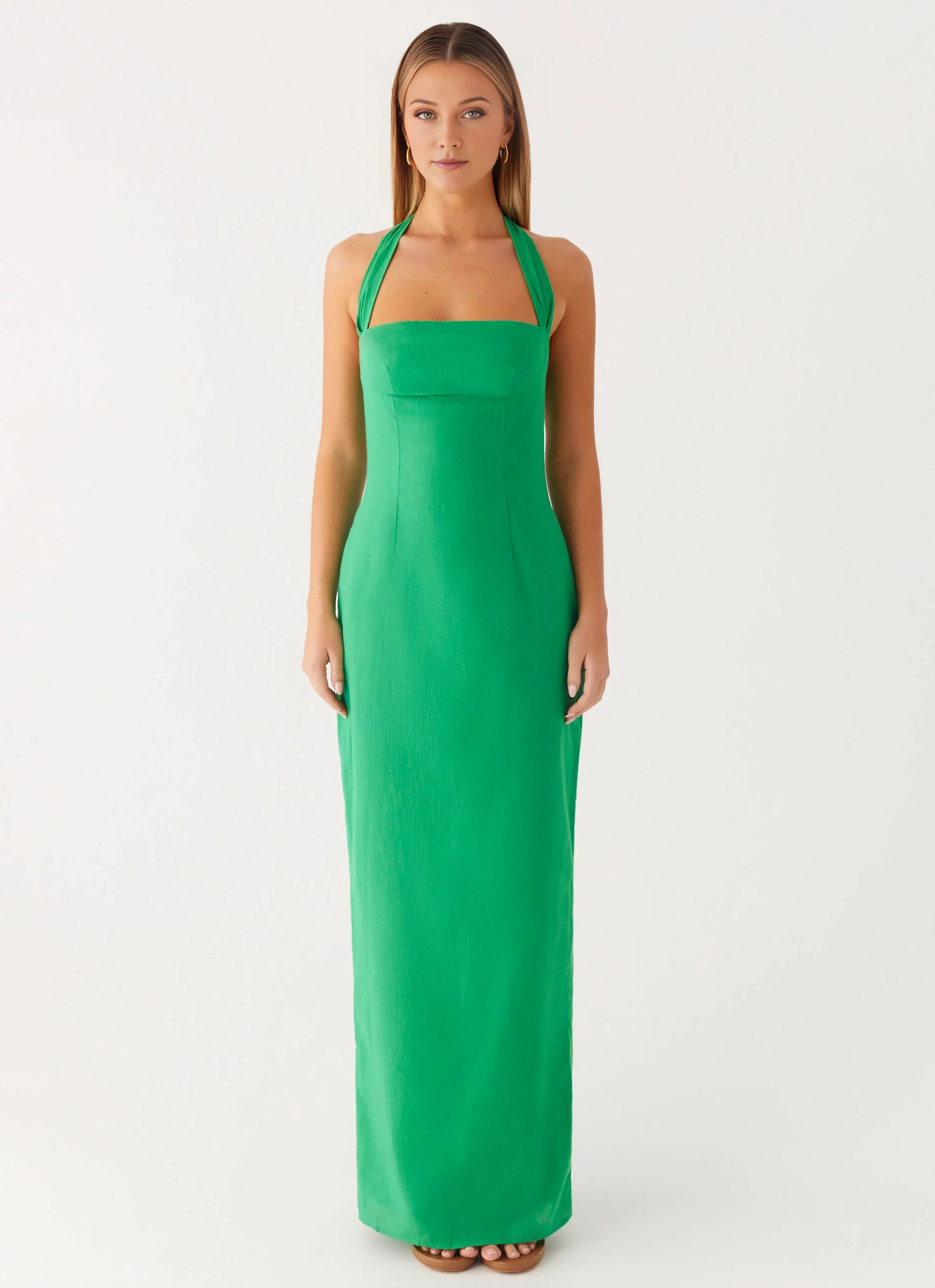 Charming Sheath Halter Neck Sleeveless Open Back High Slit Floor Length Plus Size Evening Dress