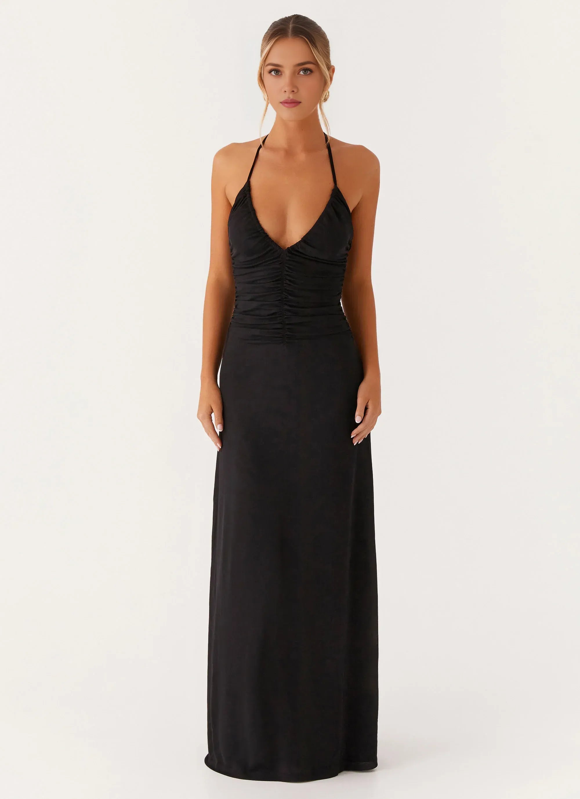 Charming Sheath Halter Neck Sleeveless Ruched Back Floor Length Plus Size Evening Dress
