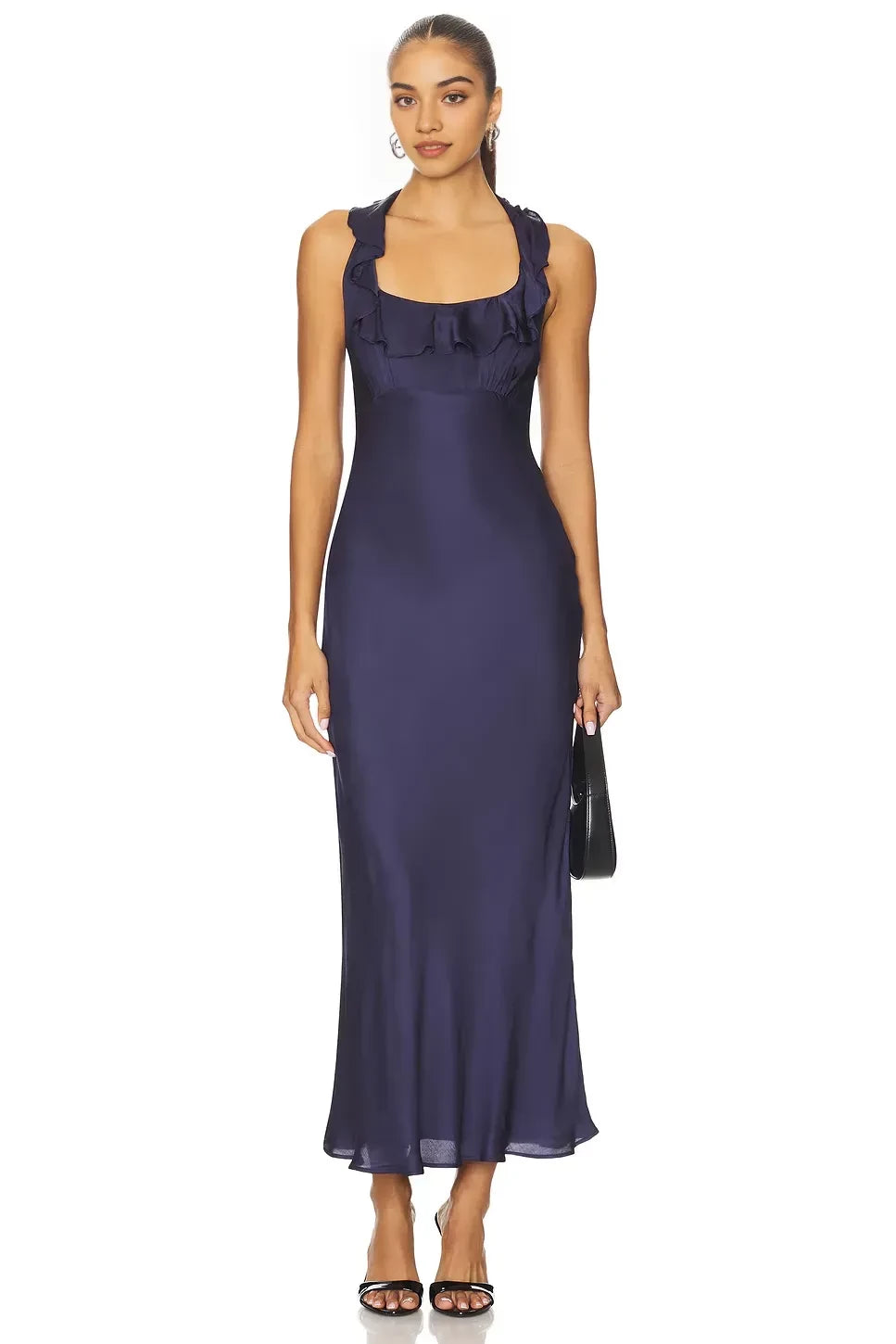 Charming Sheath Halter Neck Sleeveless Ruffle Accent Open Back Midi Evening Dress