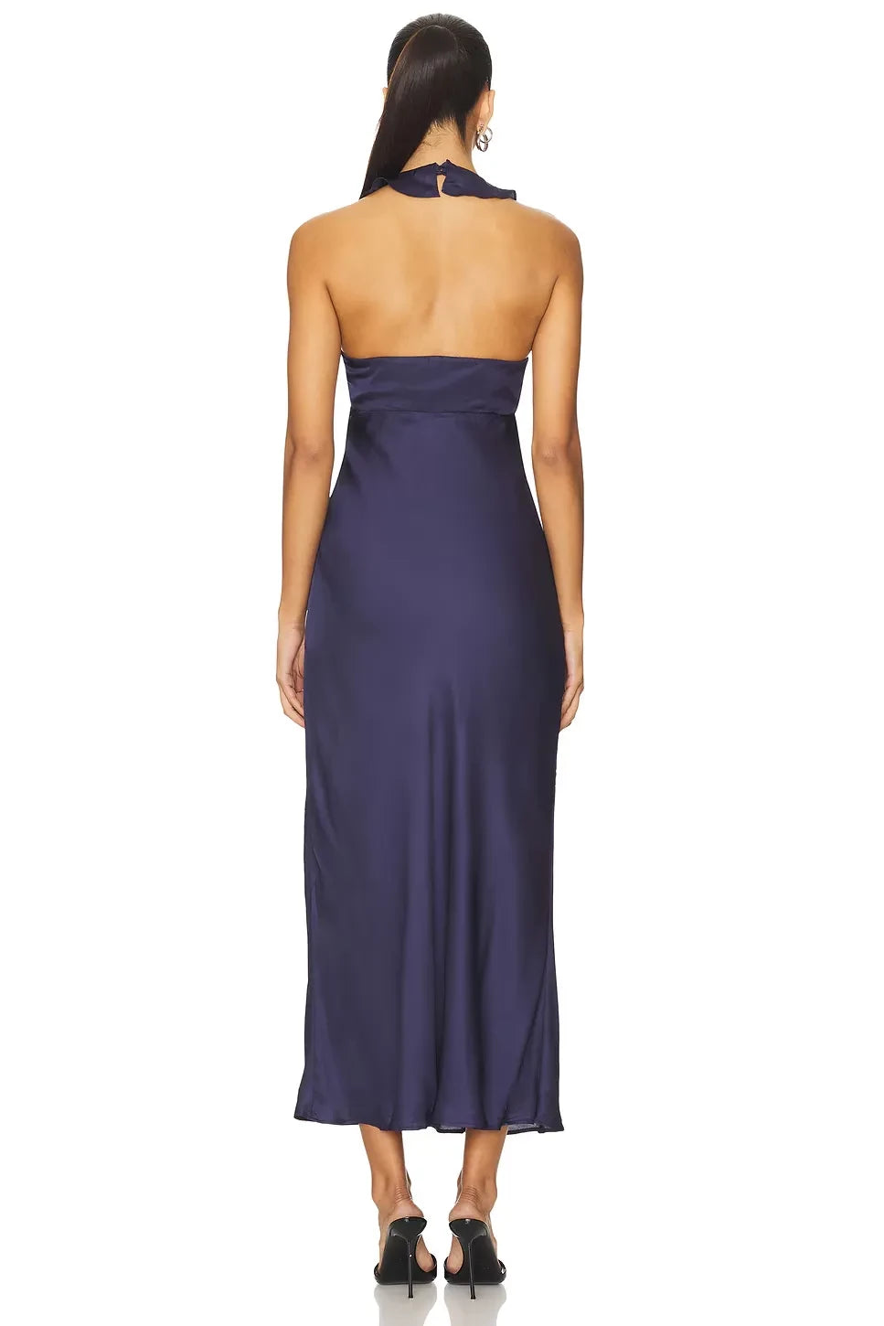 Charming Sheath Halter Neck Sleeveless Ruffle Accent Open Back Midi Evening Dress