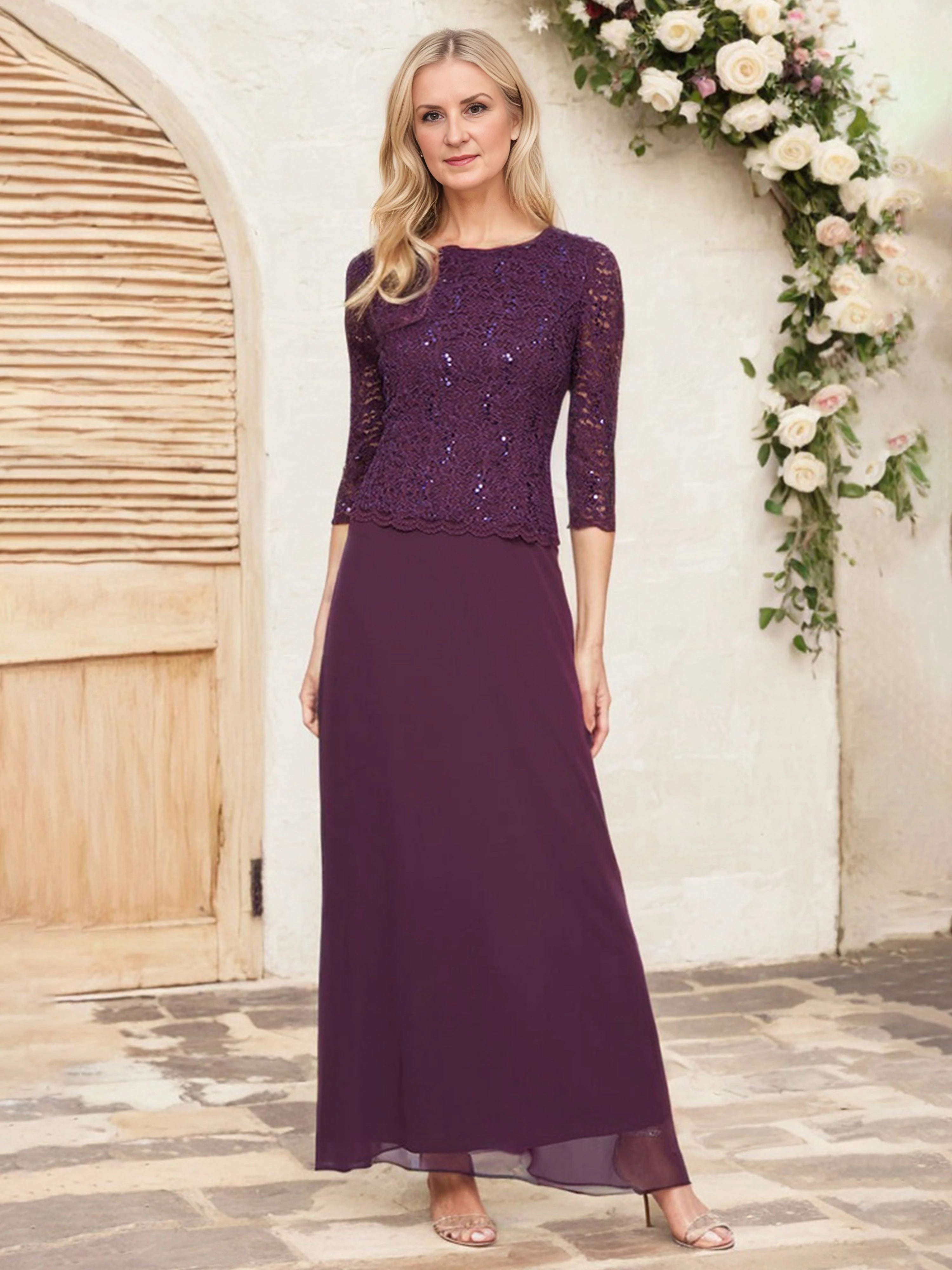 Charming Sheath Jewel Neck Three Quarter Sleeve Zip Back Floor Length Mother of the Bride Dress