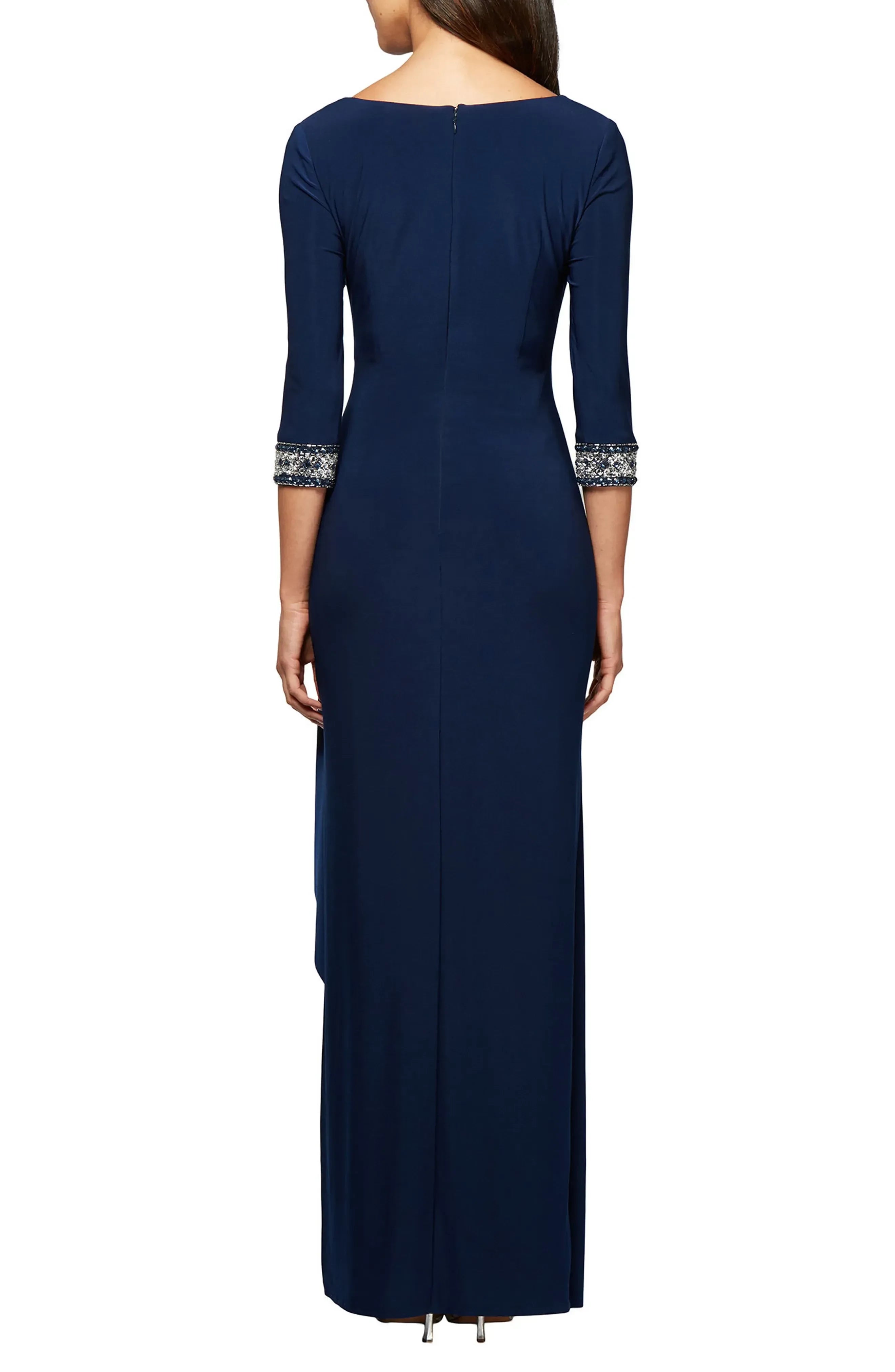 Charming Sheath Keyhole Neck Three Quarter Sleeve Plain Back Floor Length Evening Dress