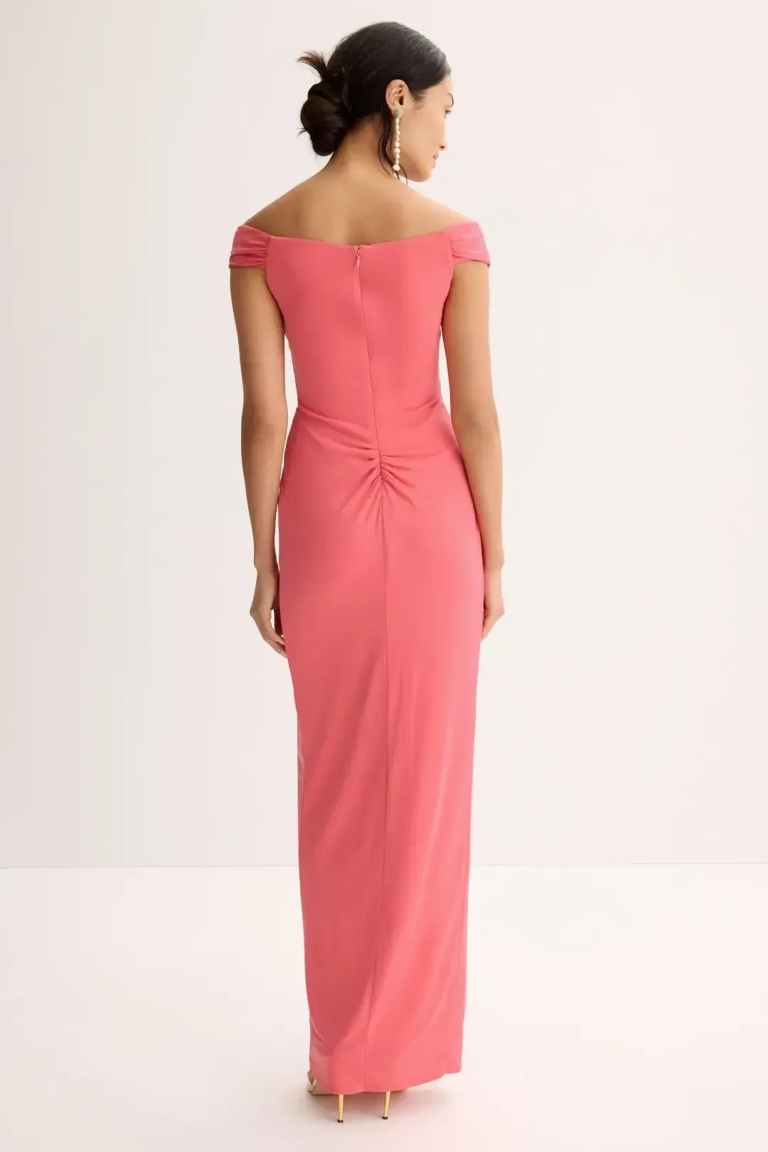 Charming Sheath Off Shoulder Short Sleeve Ruched Bodice Side Slit Plus Size Floor Length Prom Dress