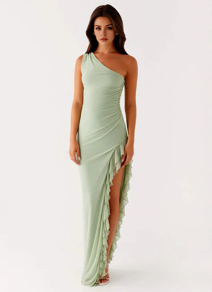 Charming Sheath One Shoulder Sleeveless Ruffled Side Floor Length Plus Size Evening Dress