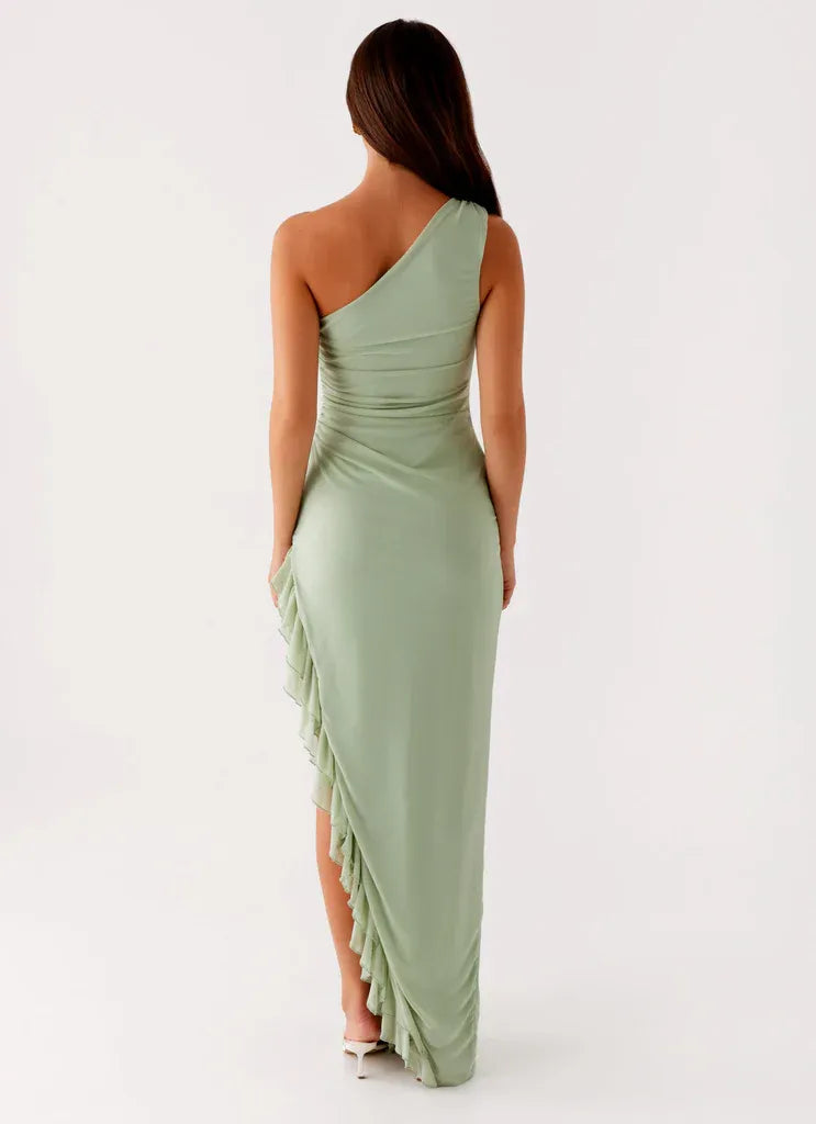 Charming Sheath One Shoulder Sleeveless Ruffled Side Floor Length Plus Size Evening Dress