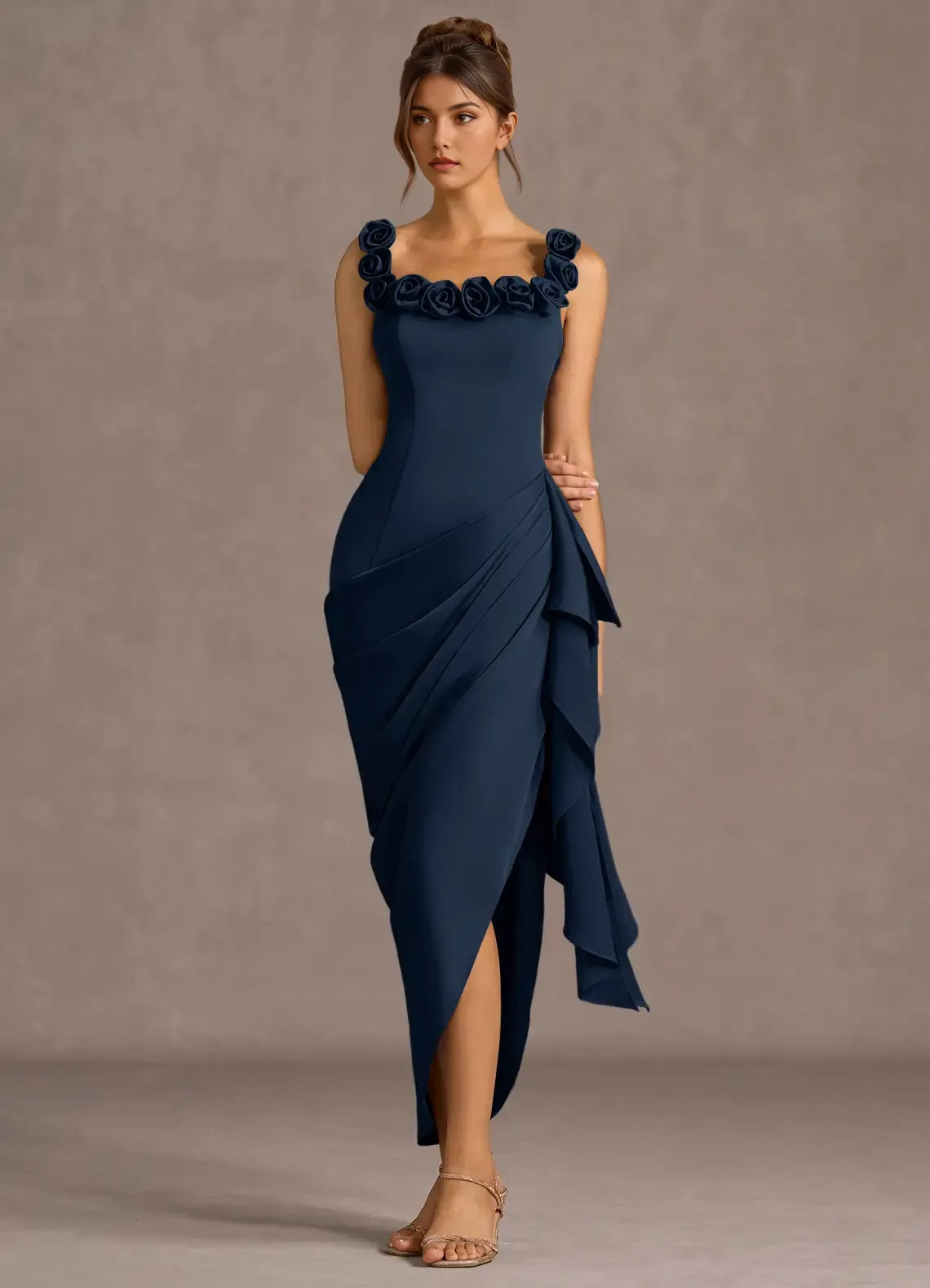 Charming Sheath Square Neck Rosette Trim Sleeveless Open Back Midi Length Hot sale Prom Dress