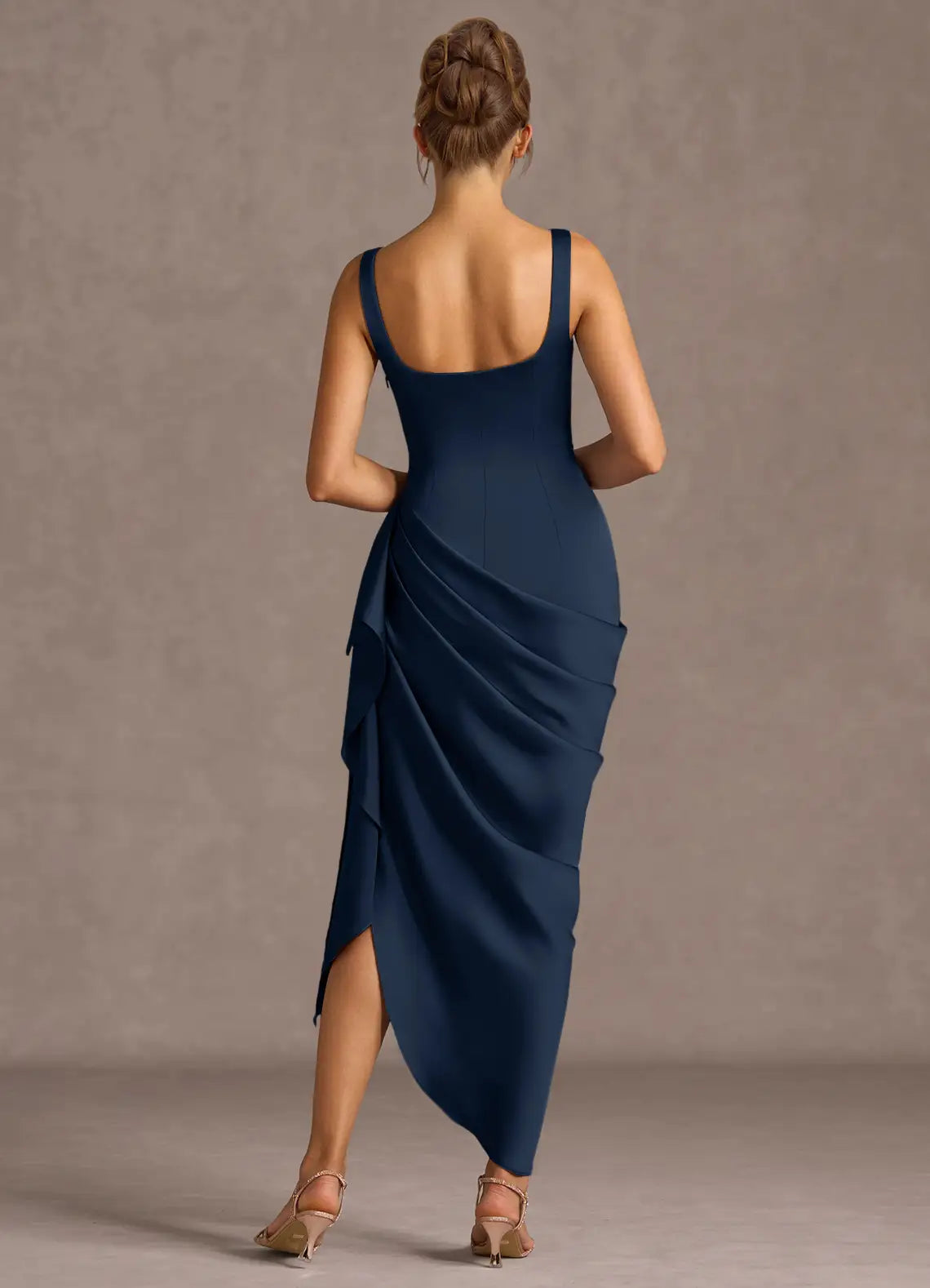 Charming Sheath Square Neck Rosette Trim Sleeveless Open Back Midi Length Hot sale Prom Dress