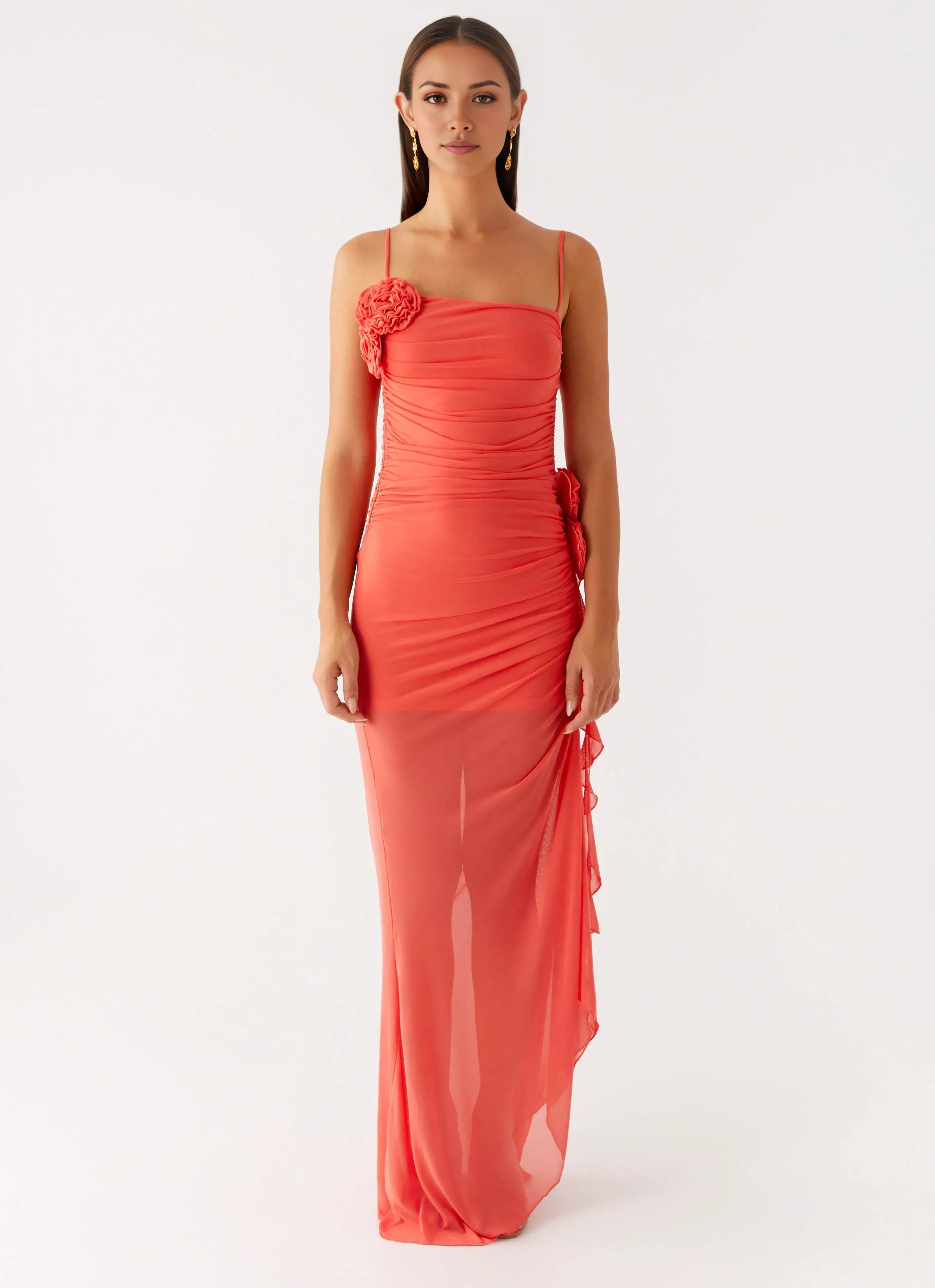 Charming Sheath Square Neck Sleeveless Ruffled Trim Asymmetric Floor Plus Size Evening Dress