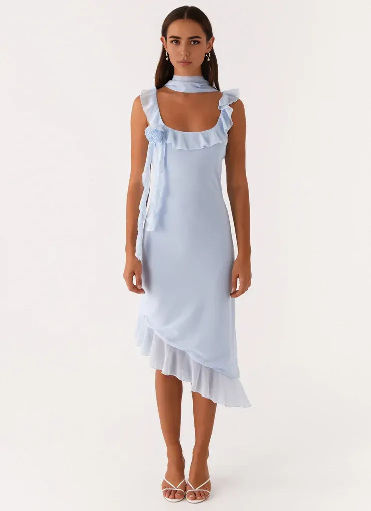 Charming Sheath Square Neck Sleeveless Ruffled Trim Asymmetric Midi Plus Size Evening Dress