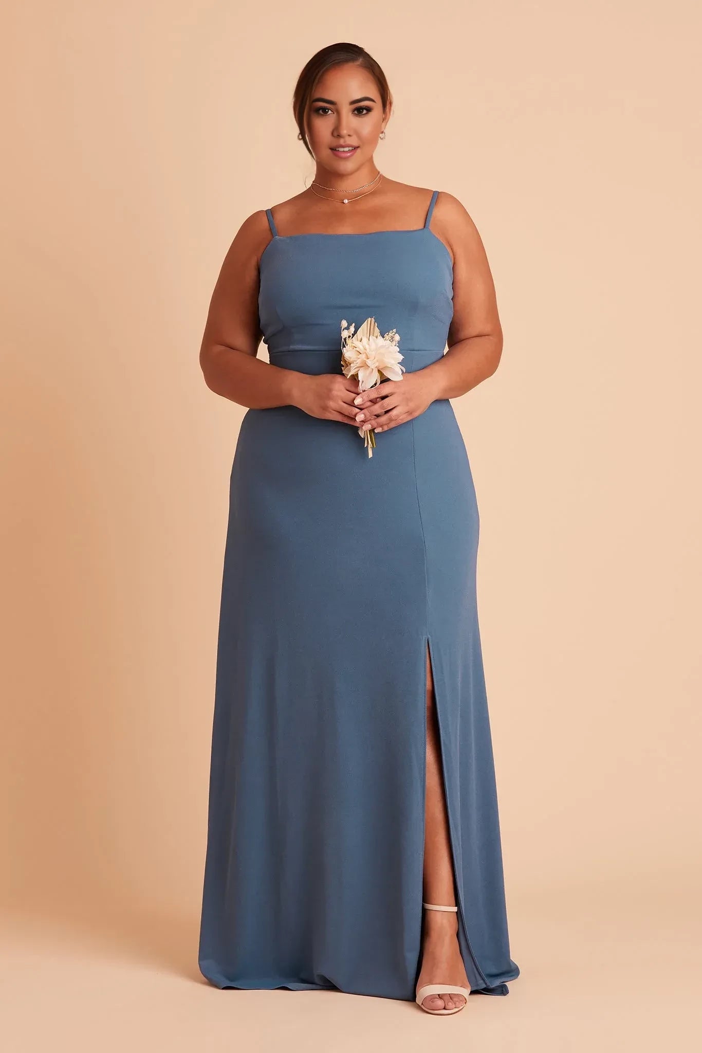 Charming Sheath Square Neck Spaghetti Strap Bow Back Floor Length Plus Size Bridesmaid Dress