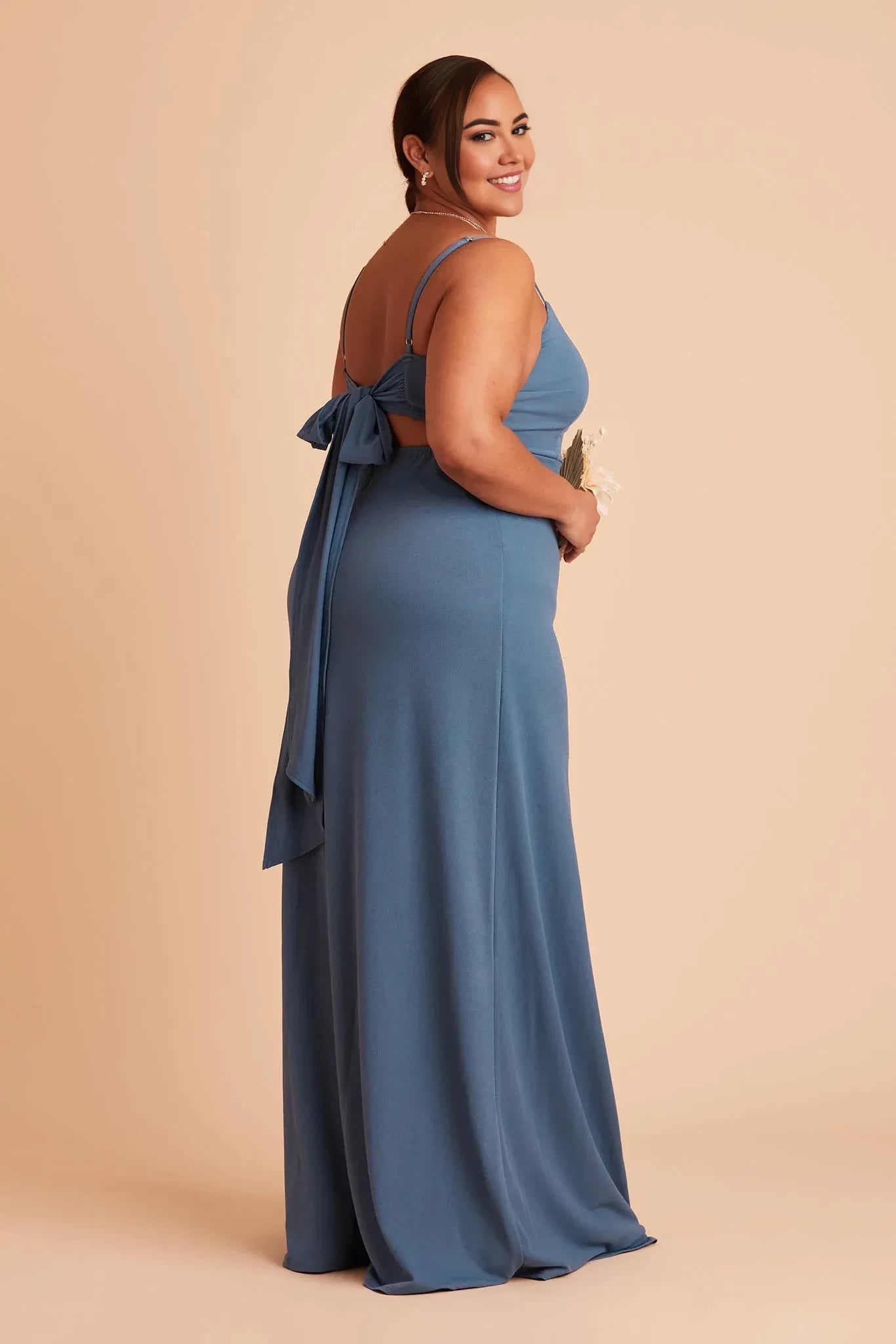 Charming Sheath Square Neck Spaghetti Strap Bow Back Floor Length Plus Size Bridesmaid Dress