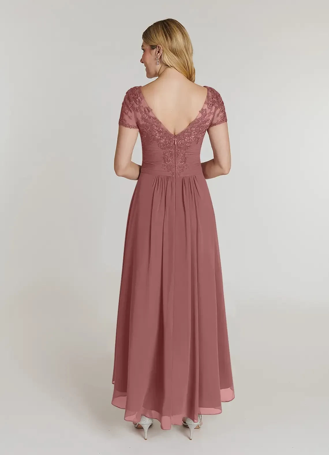 Charming Sheath V Neck Lace Cap Sleeve Zipper Back Hi Lo Length Mother of the Bride Dress