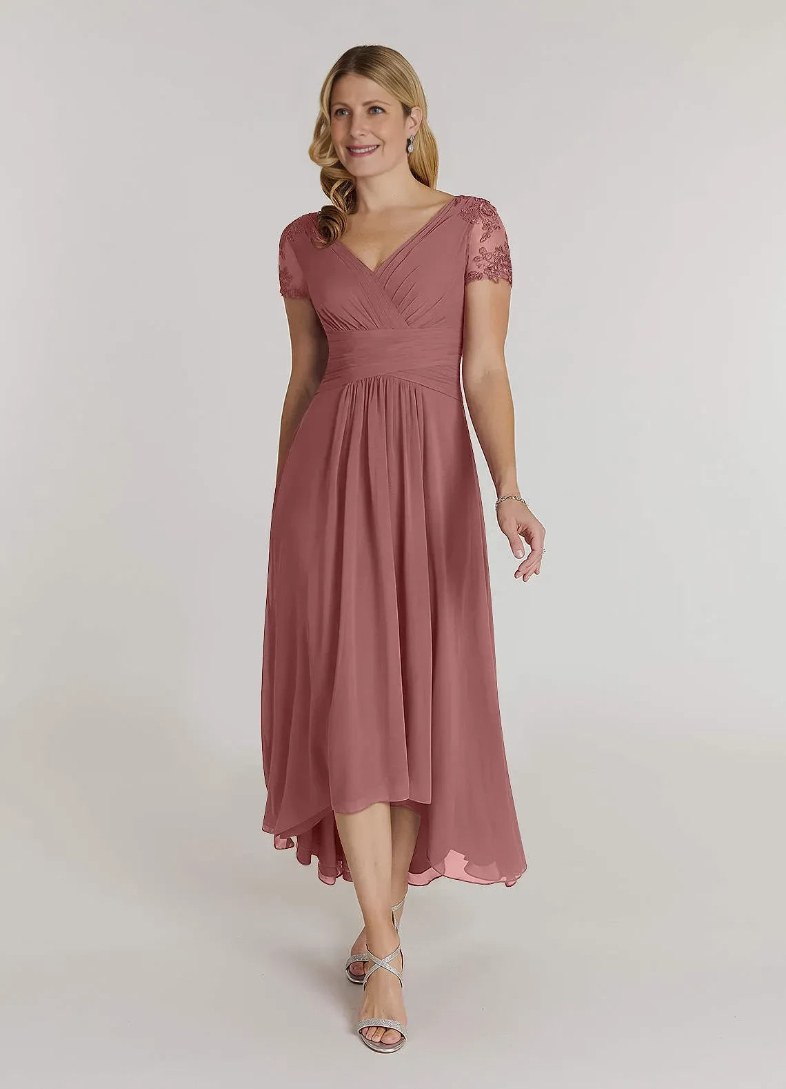 Charming Sheath V Neck Lace Cap Sleeve Zipper Back Hi Lo Length Mother of the Bride Dress