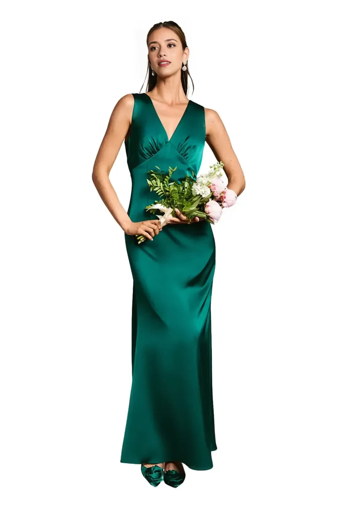 Charming Sheath V Neck Sleeveless Bow Back Floor Length Bridesmaid Dress