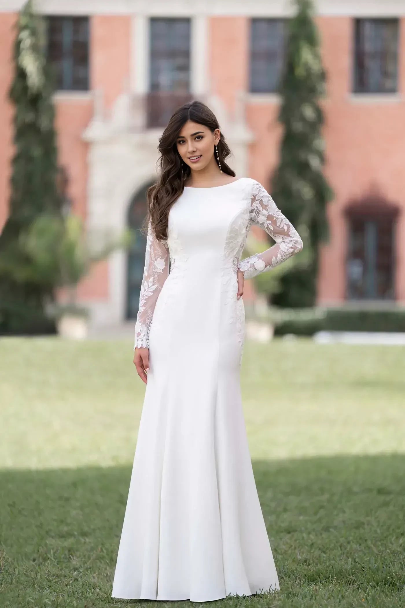 Charming Trumpet Boat Neck Long Sleeve Open Back Floor Length Wedding Dress